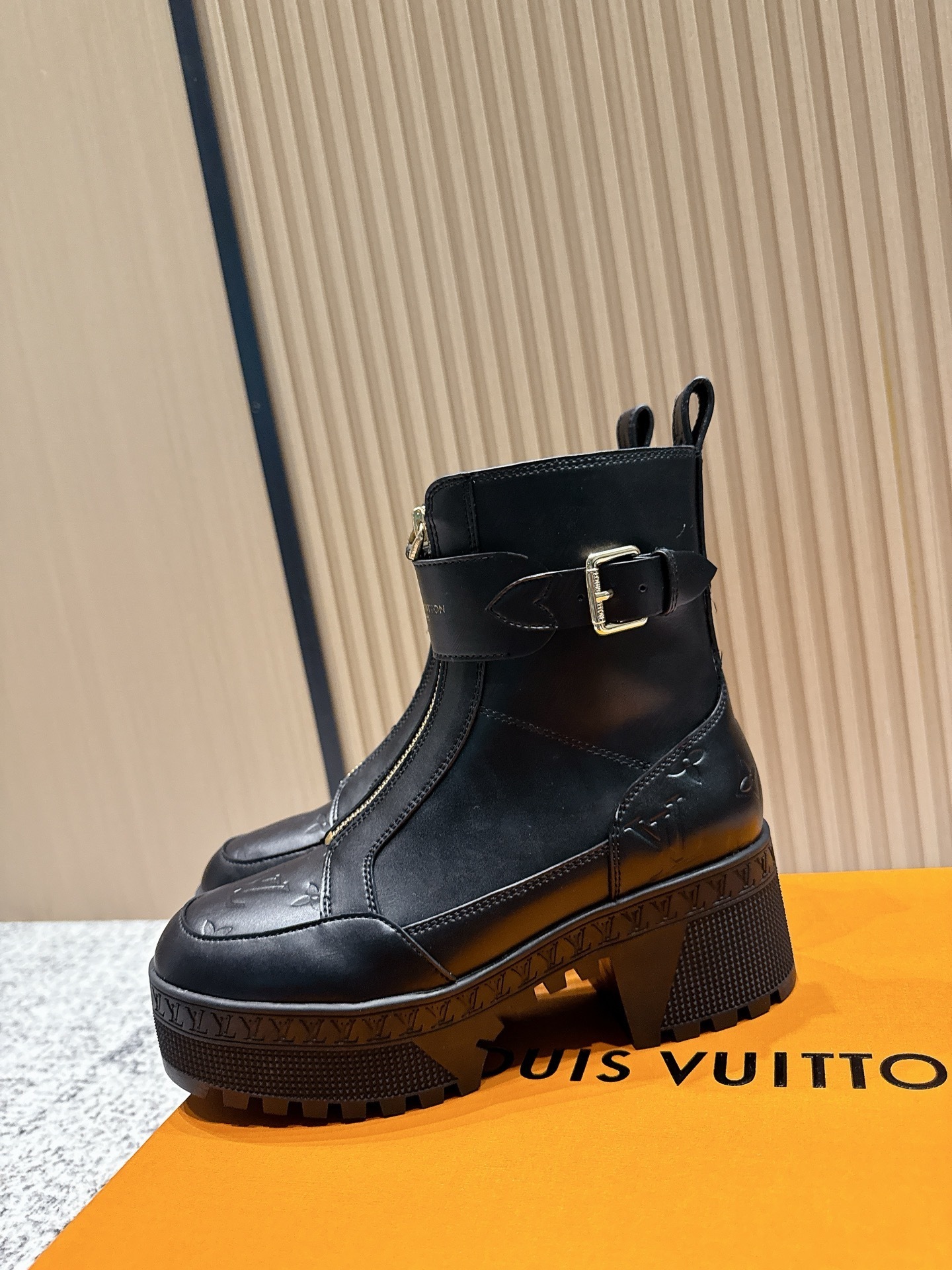 Louis Vuitton Front Zip Black Leather Monogram Ankle Boots