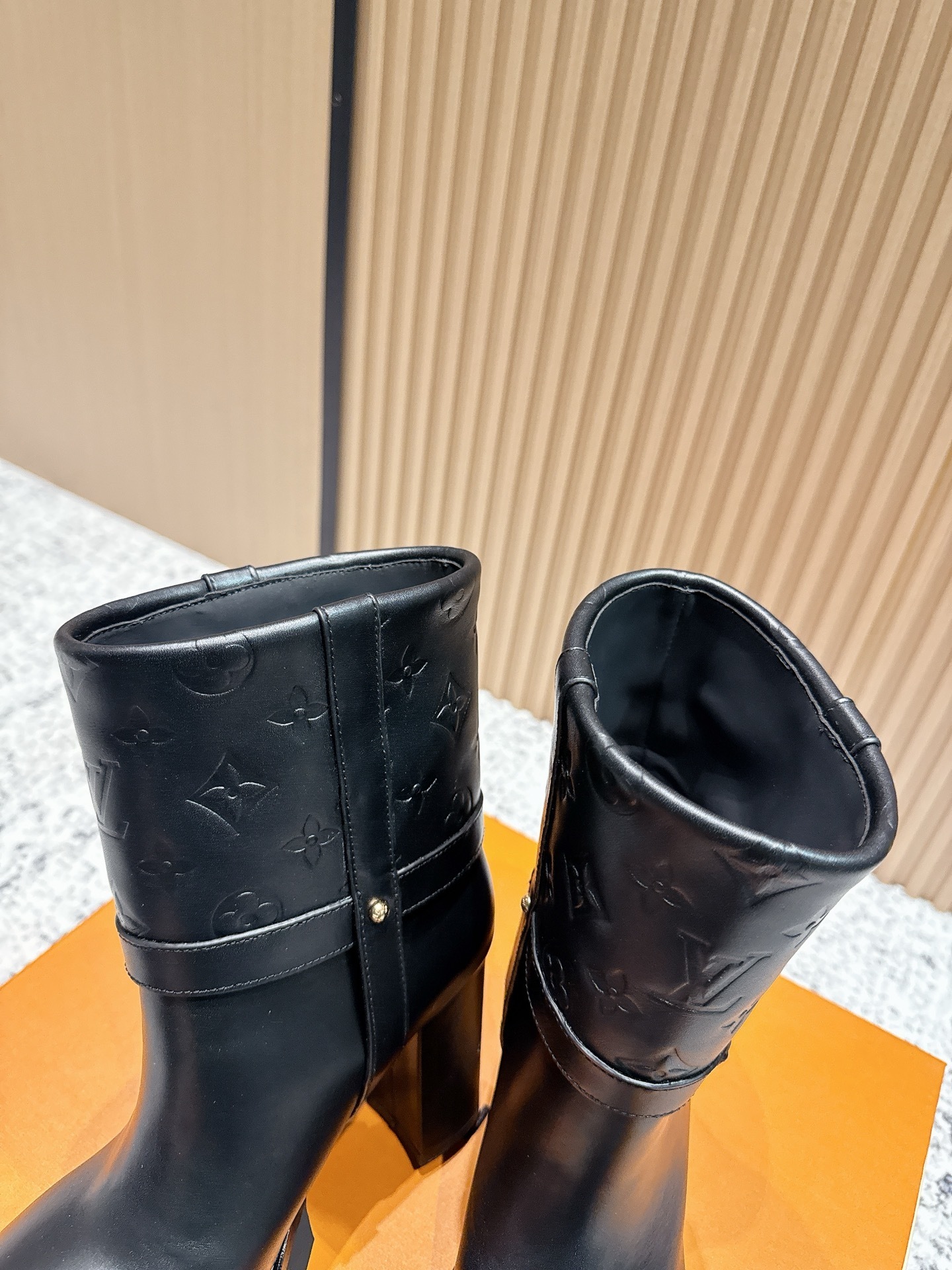 Louis Vuitton Women's Black Leather Monogram Chunky Heel Ankle Boots