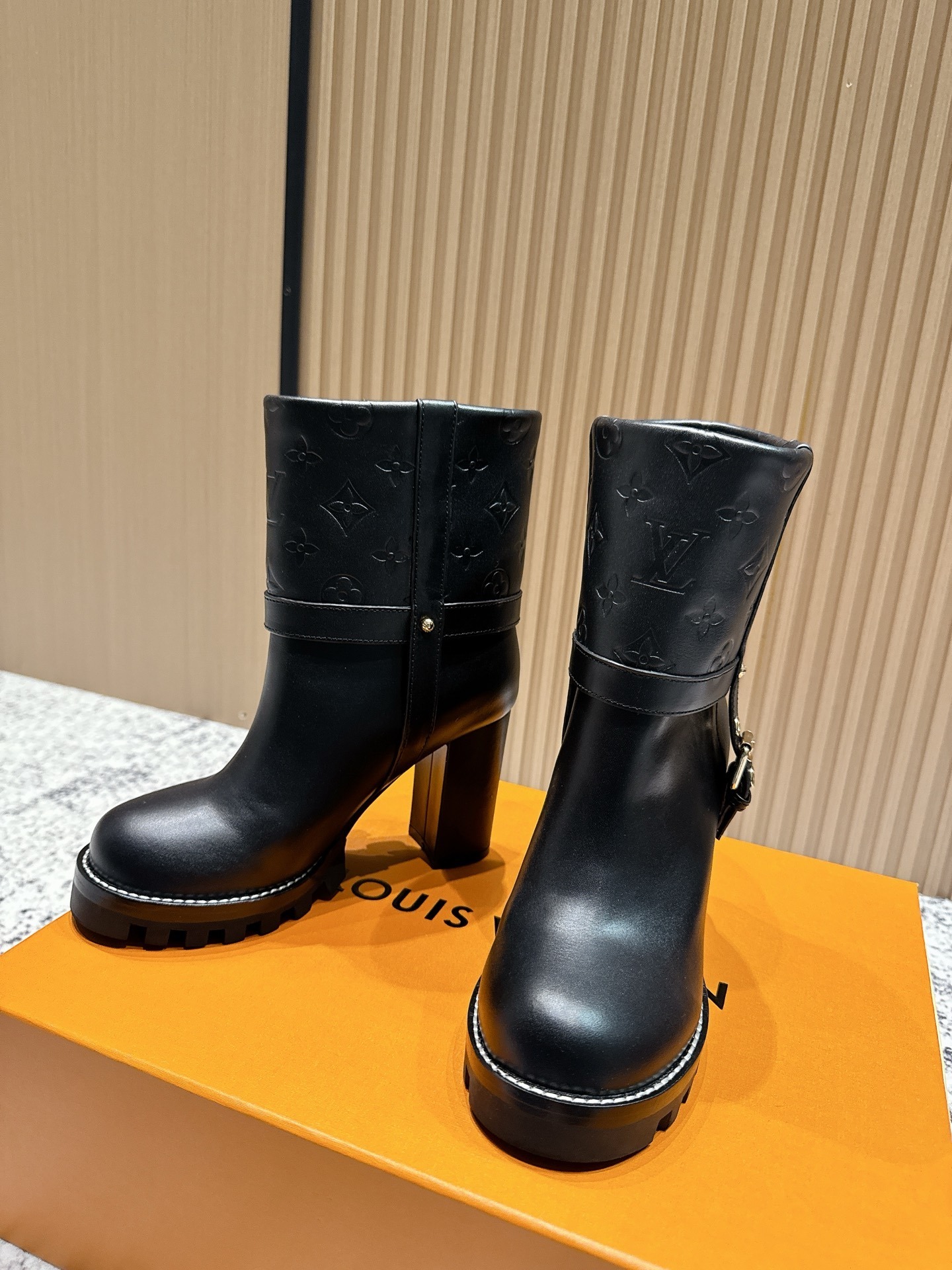 Louis Vuitton Women's Black Leather Monogram Chunky Heel Ankle Boots