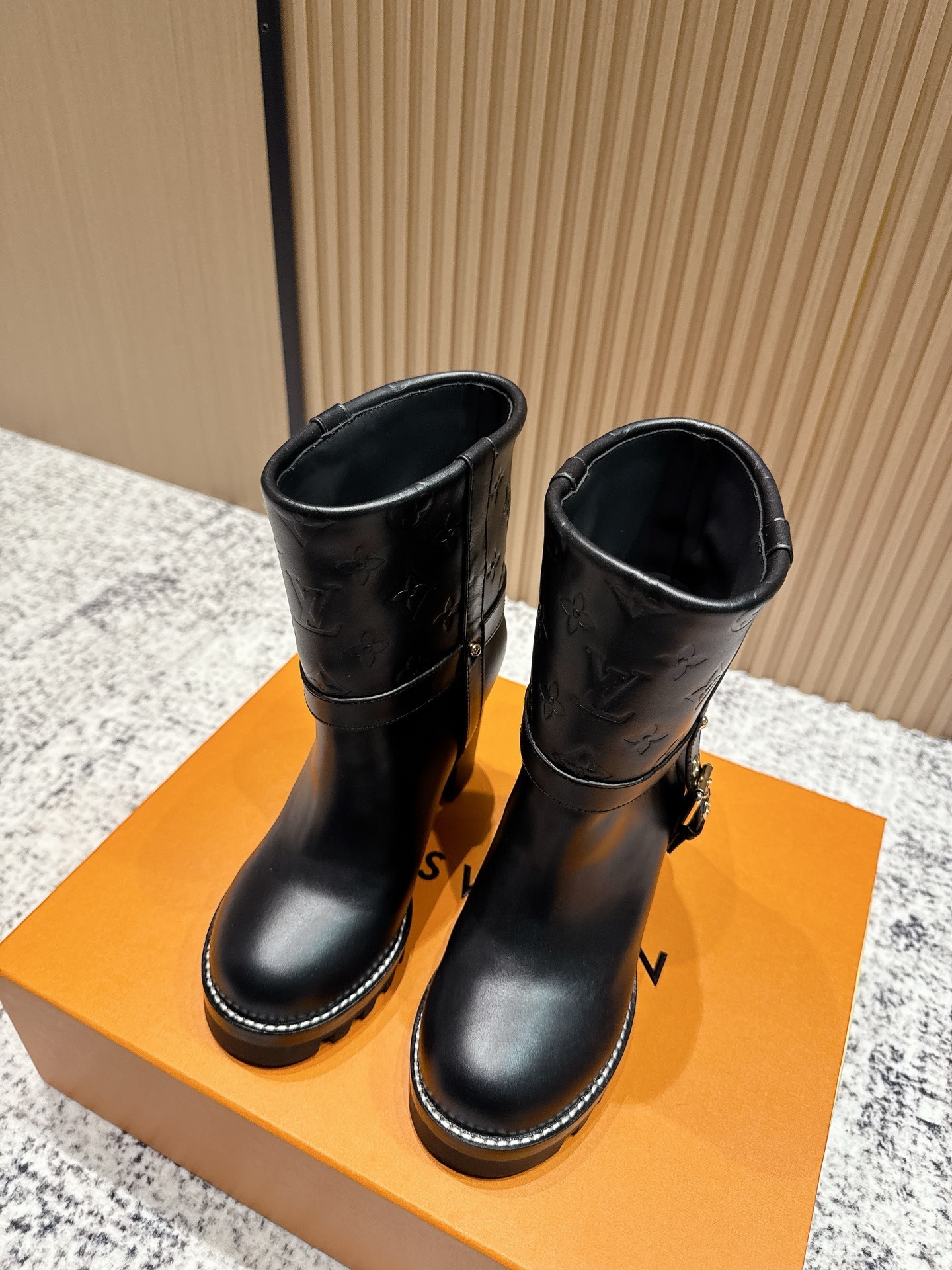 Louis Vuitton Women’s Black Leather Monogram Chunky Heel Ankle Boots