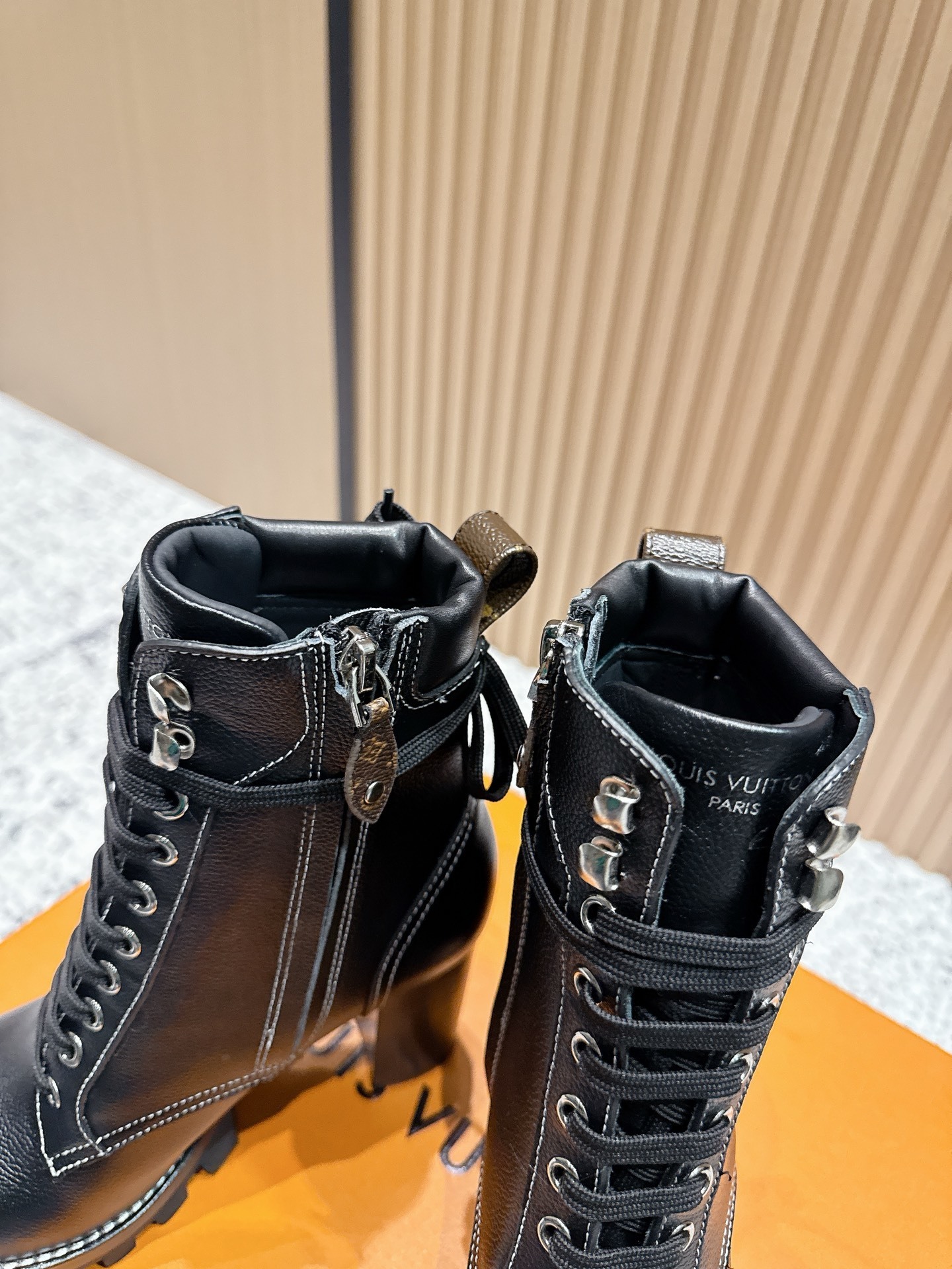 Louis Vuitton Black Grained Leather Lace-Up Ankle Boots