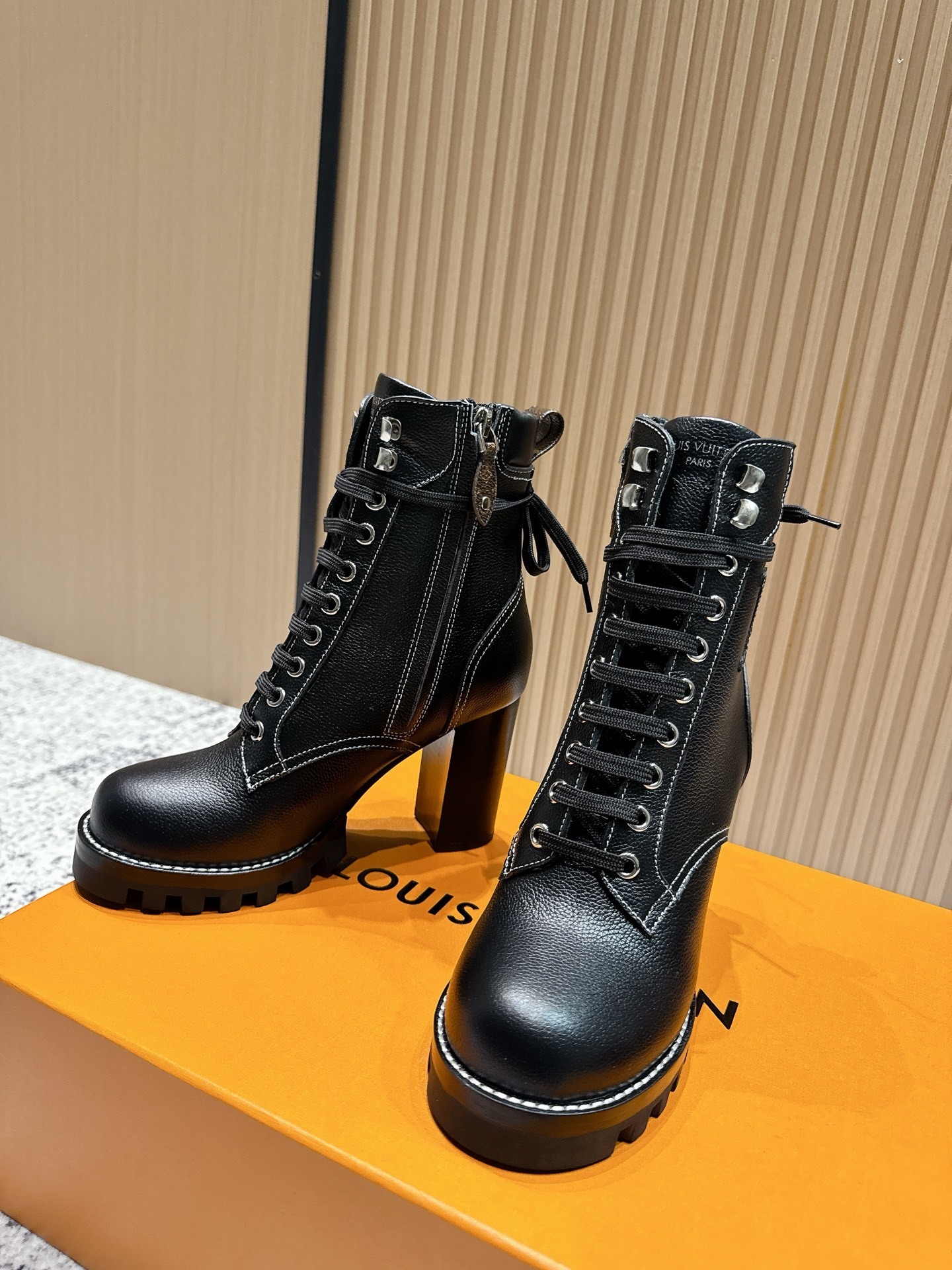 Louis Vuitton Black Grained Leather Lace-Up Ankle Boots