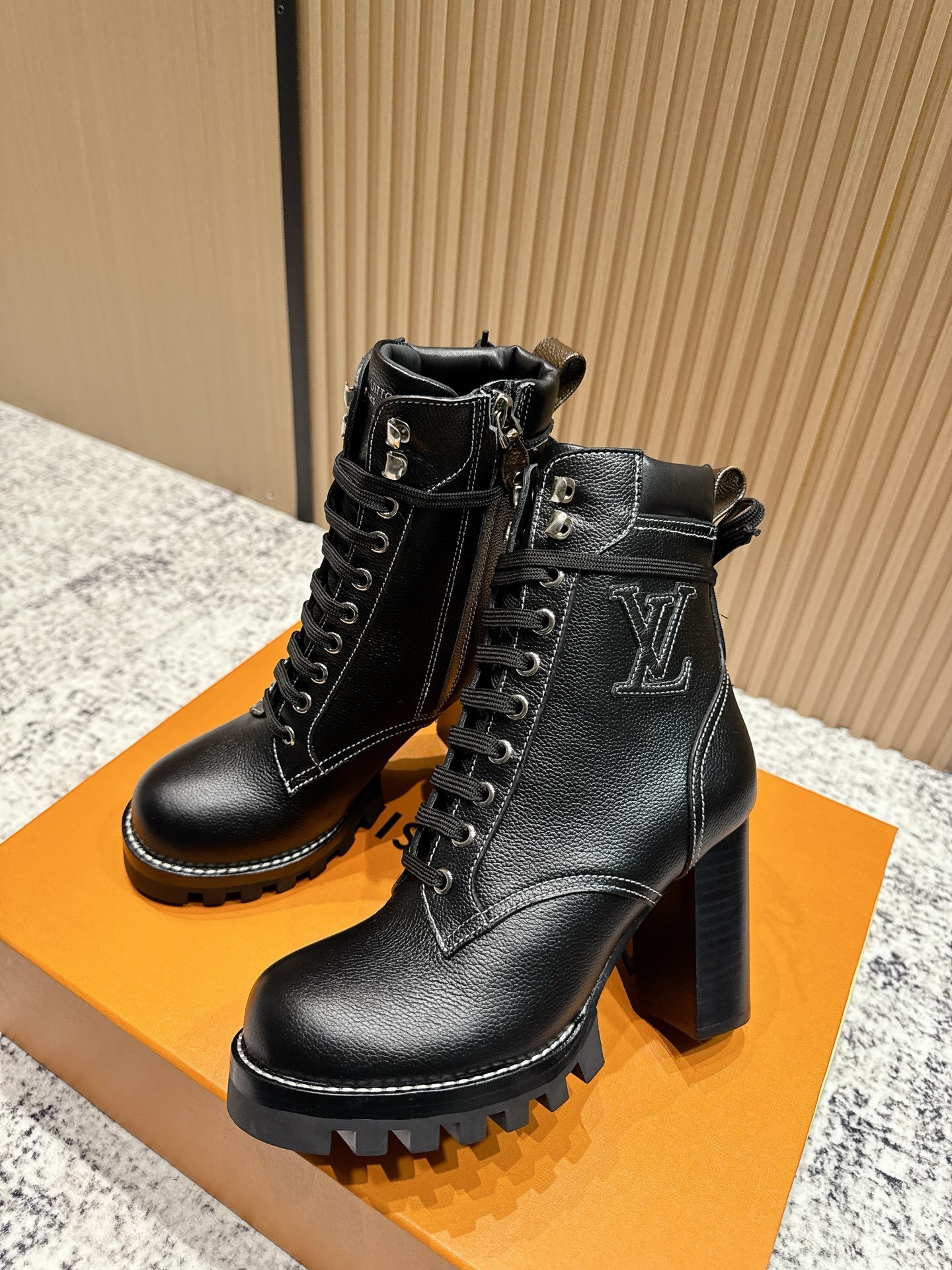 Louis Vuitton Black Grained Leather Lace-Up Ankle Boots