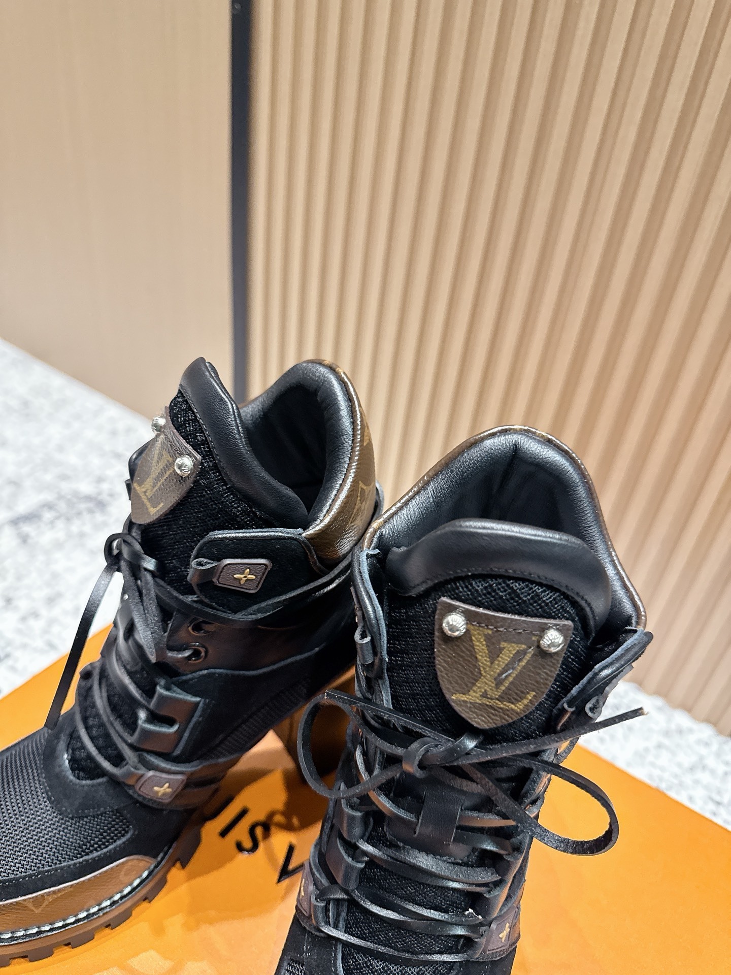 Louis Vuitton Monogram Mesh & Suede High Heel Combat Ankle Boots