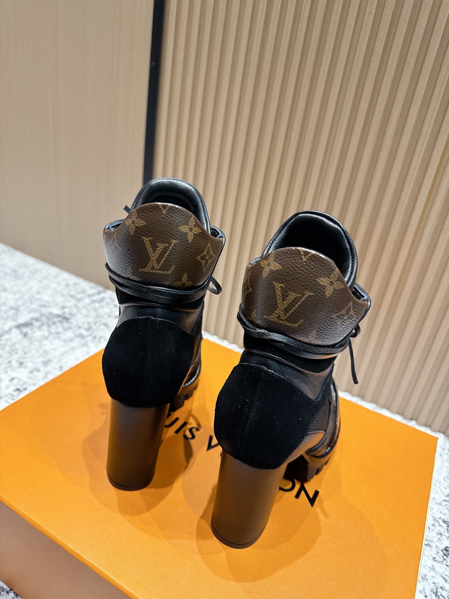 Louis Vuitton Monogram Mesh & Suede High Heel Combat Ankle Boots