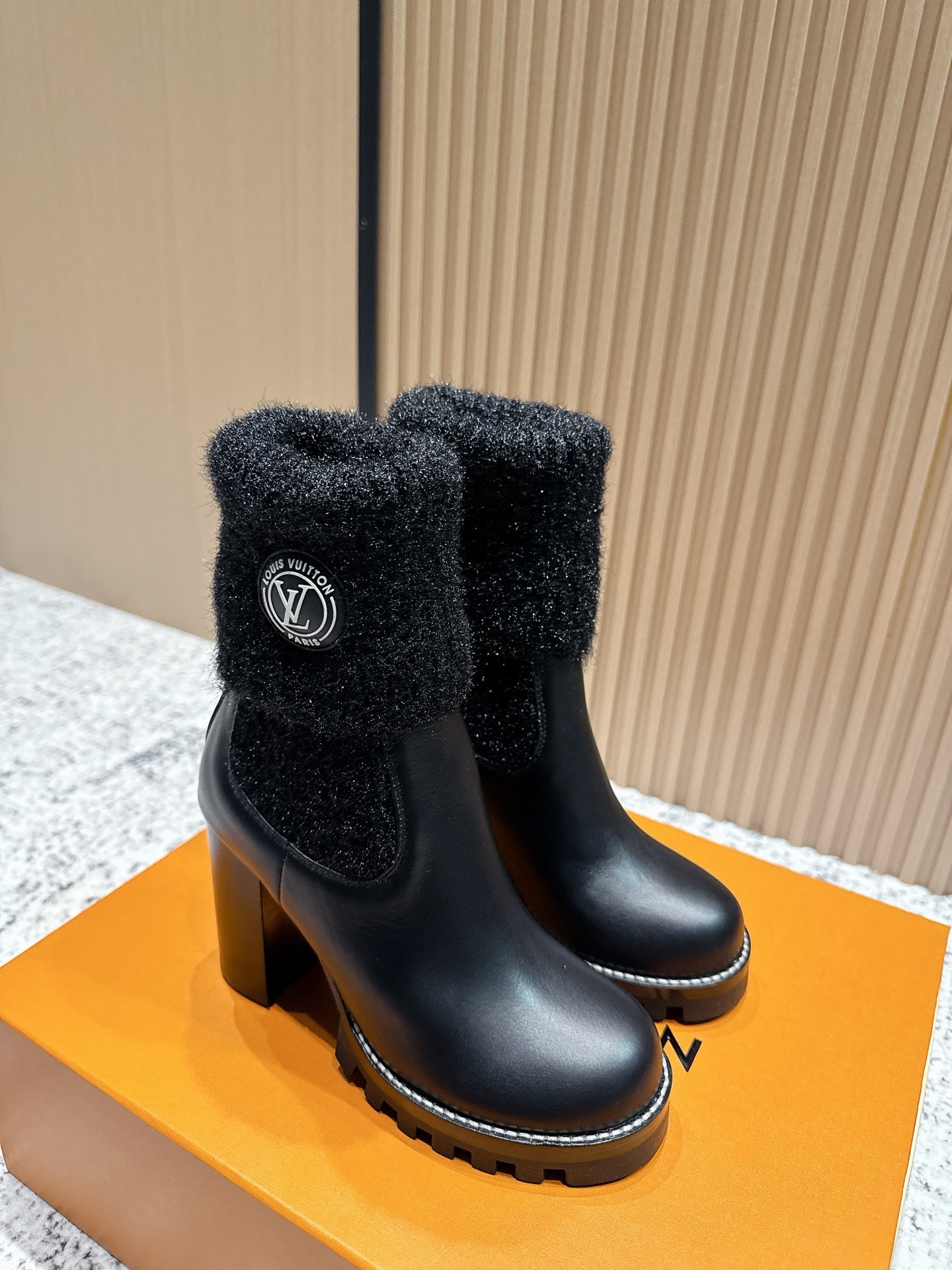 Chic Women's Black Fuzzy Sock Ankle Boots - Platform Block Heel