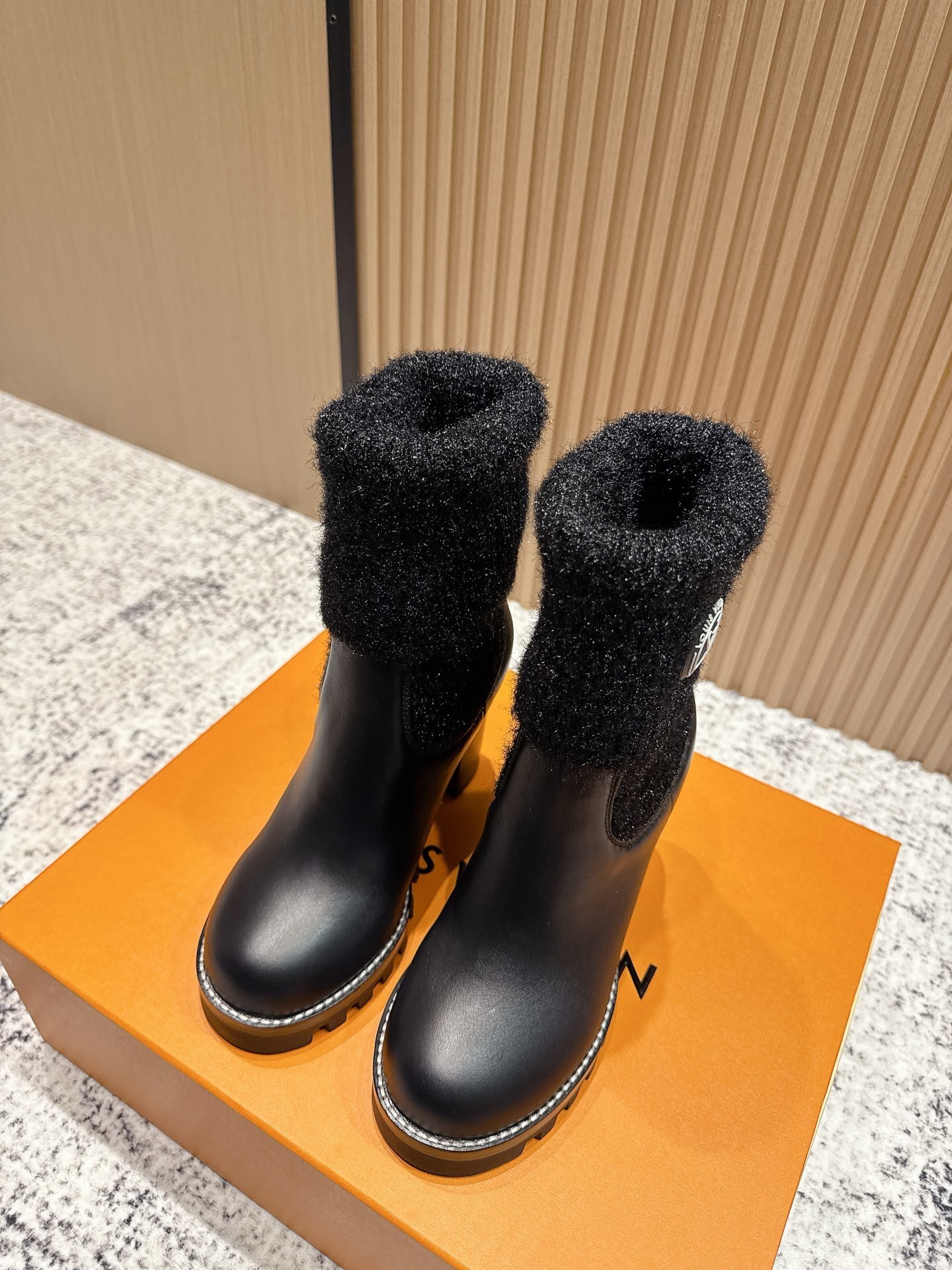 Chic Women’s Black Fuzzy Sock Ankle Boots – Platform Block Heel