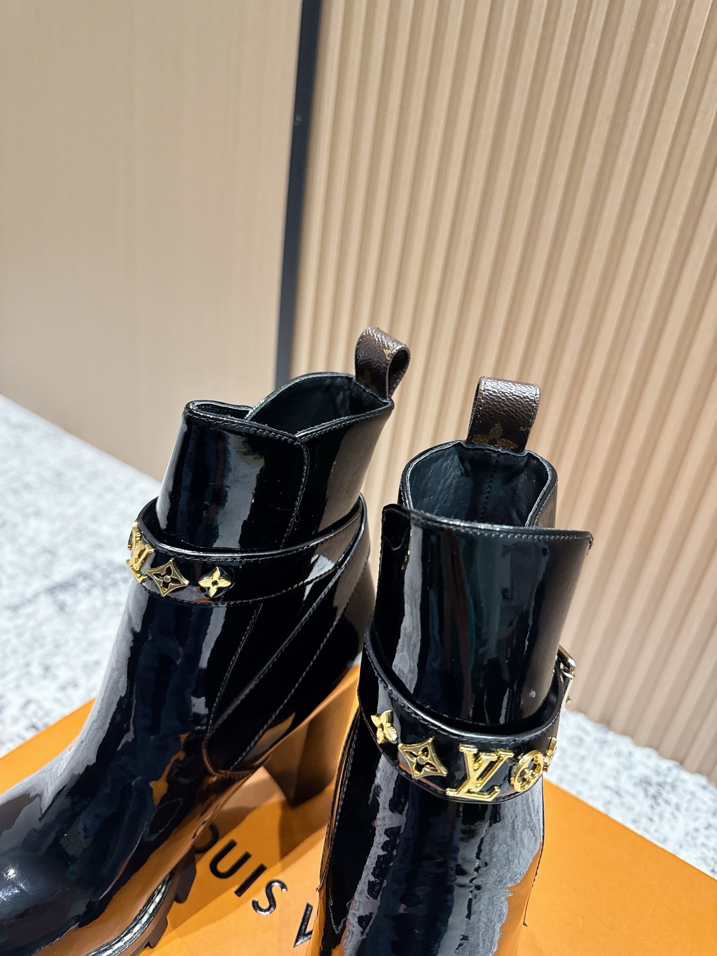 LV Black Patent Leather Ankle Boots with Gold Monogram Hardware