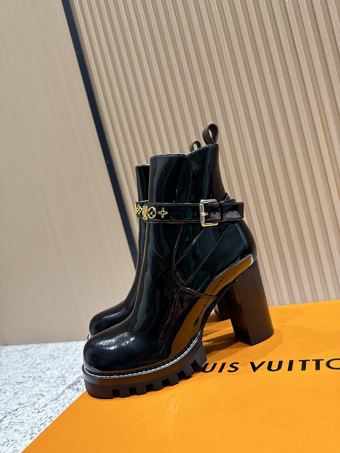 LV Black Patent Leather Ankle Boots with Gold Monogram Hardware