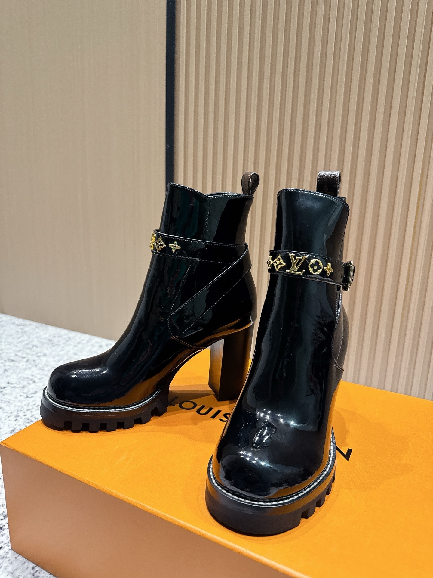 LV Black Patent Leather Ankle Boots with Gold Monogram Hardware