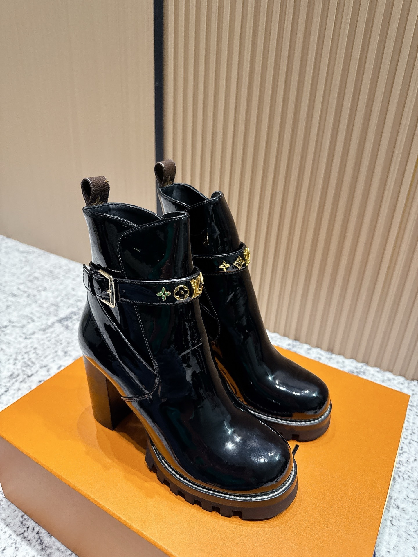 LV Black Patent Leather Ankle Boots with Gold Monogram Hardware
