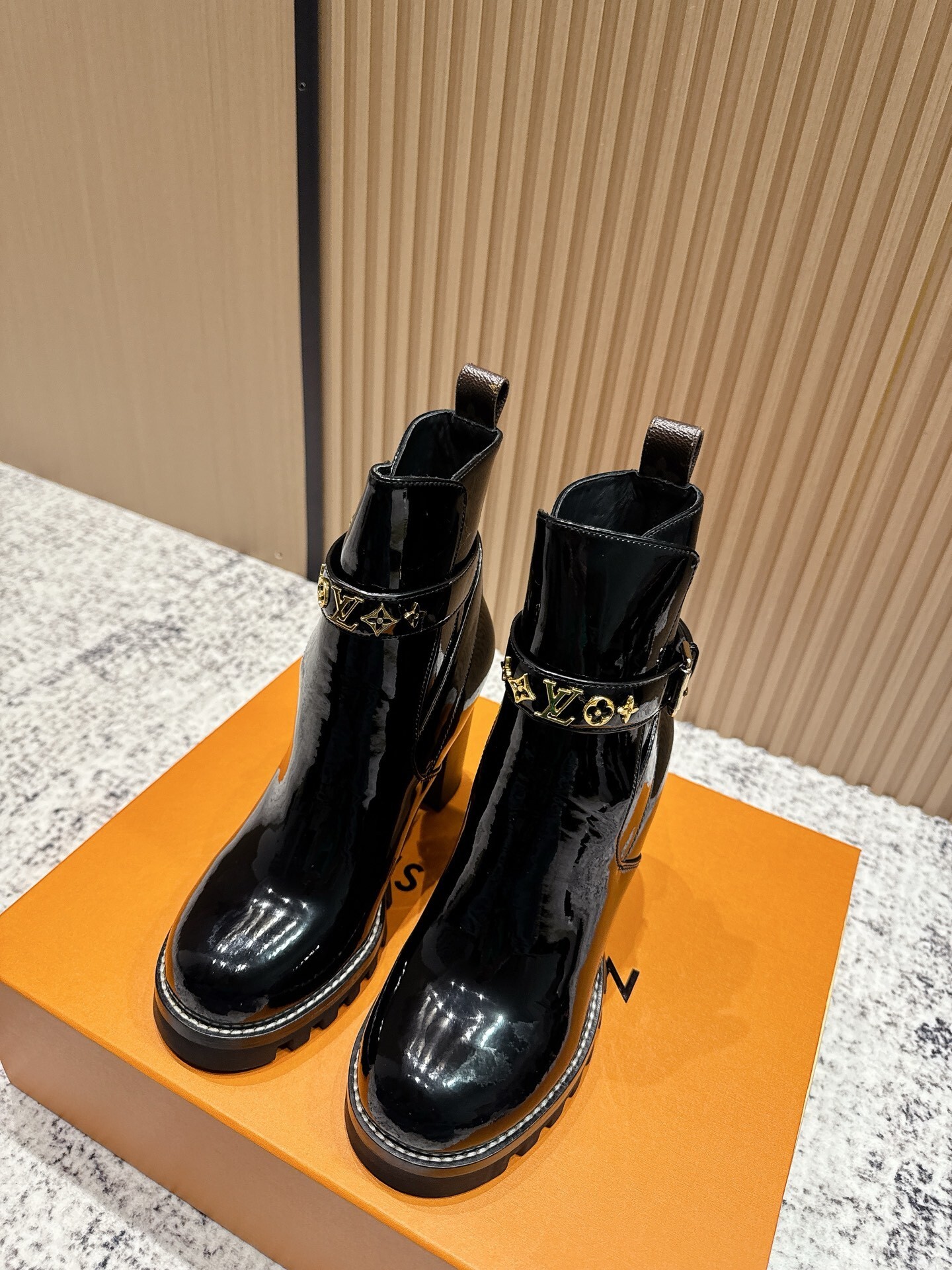 LV Black Patent Leather Ankle Boots with Gold Monogram Hardware