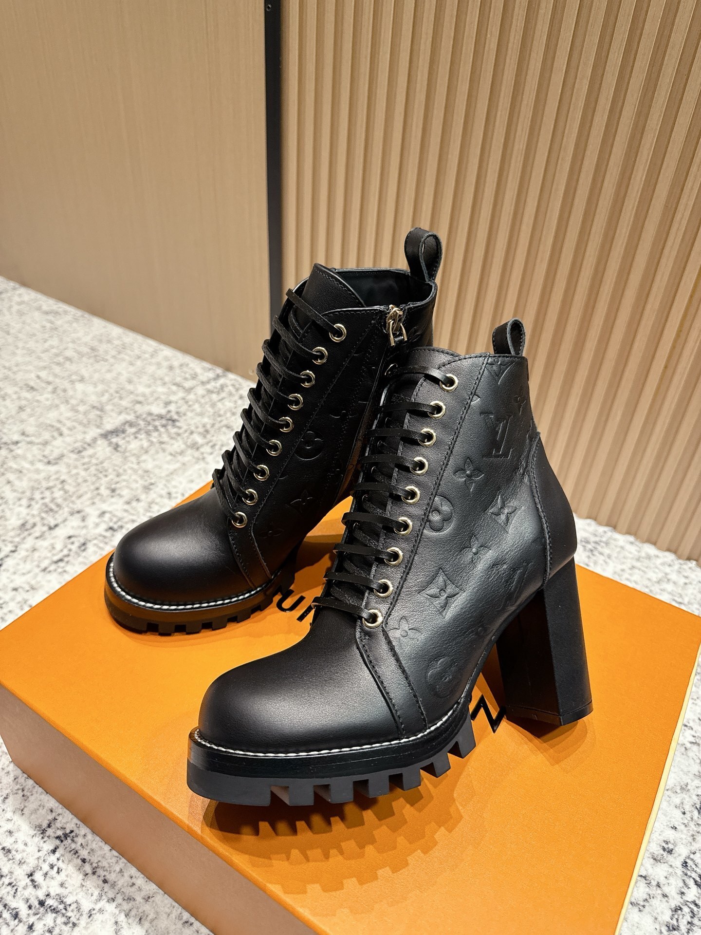 Women's Black Leather Lace-Up Ankle Boots with Chunky Block Heel