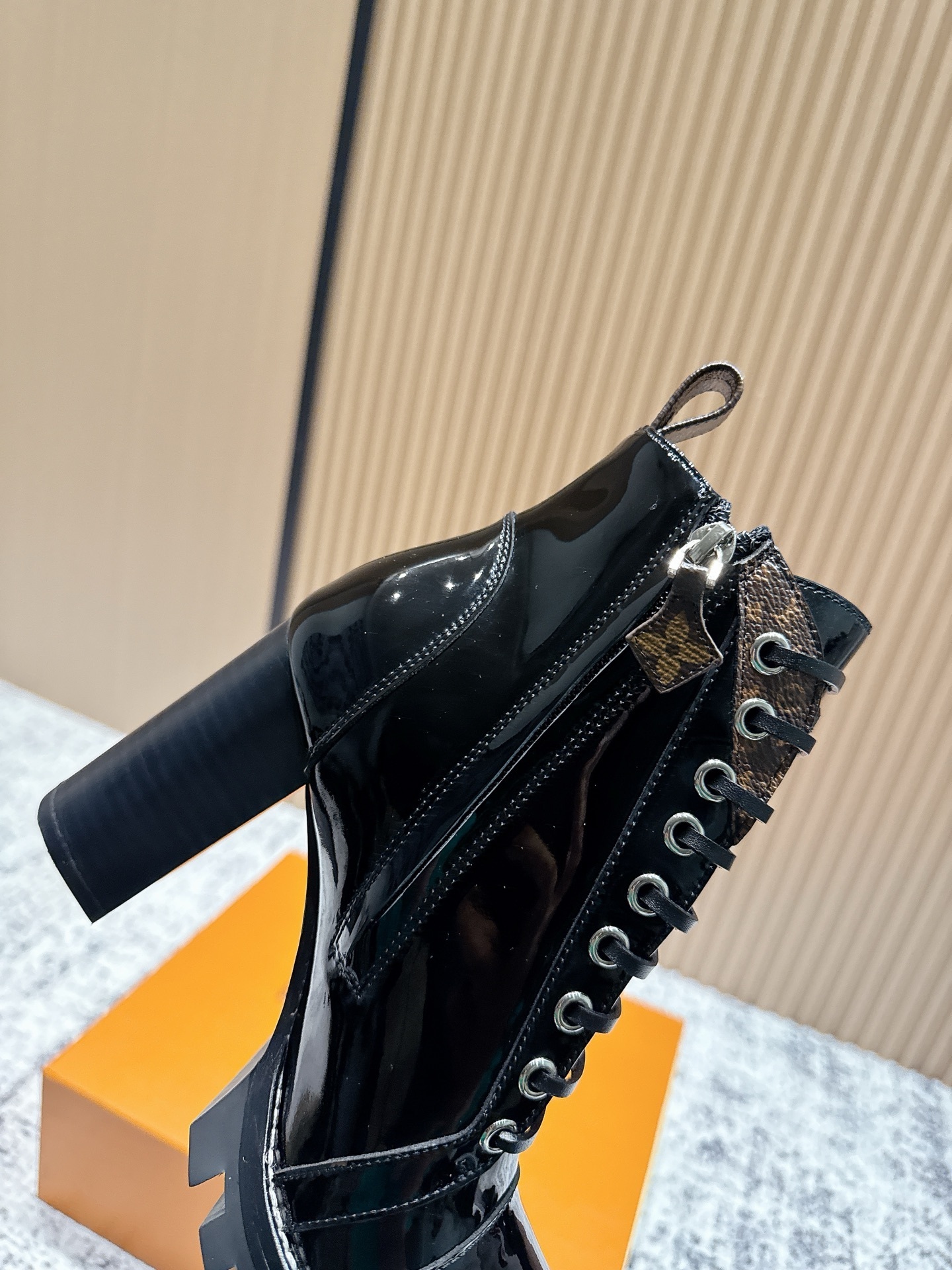 Luxury Black Patent Leather Lace-Up Ankle Boots with Monogram Trim