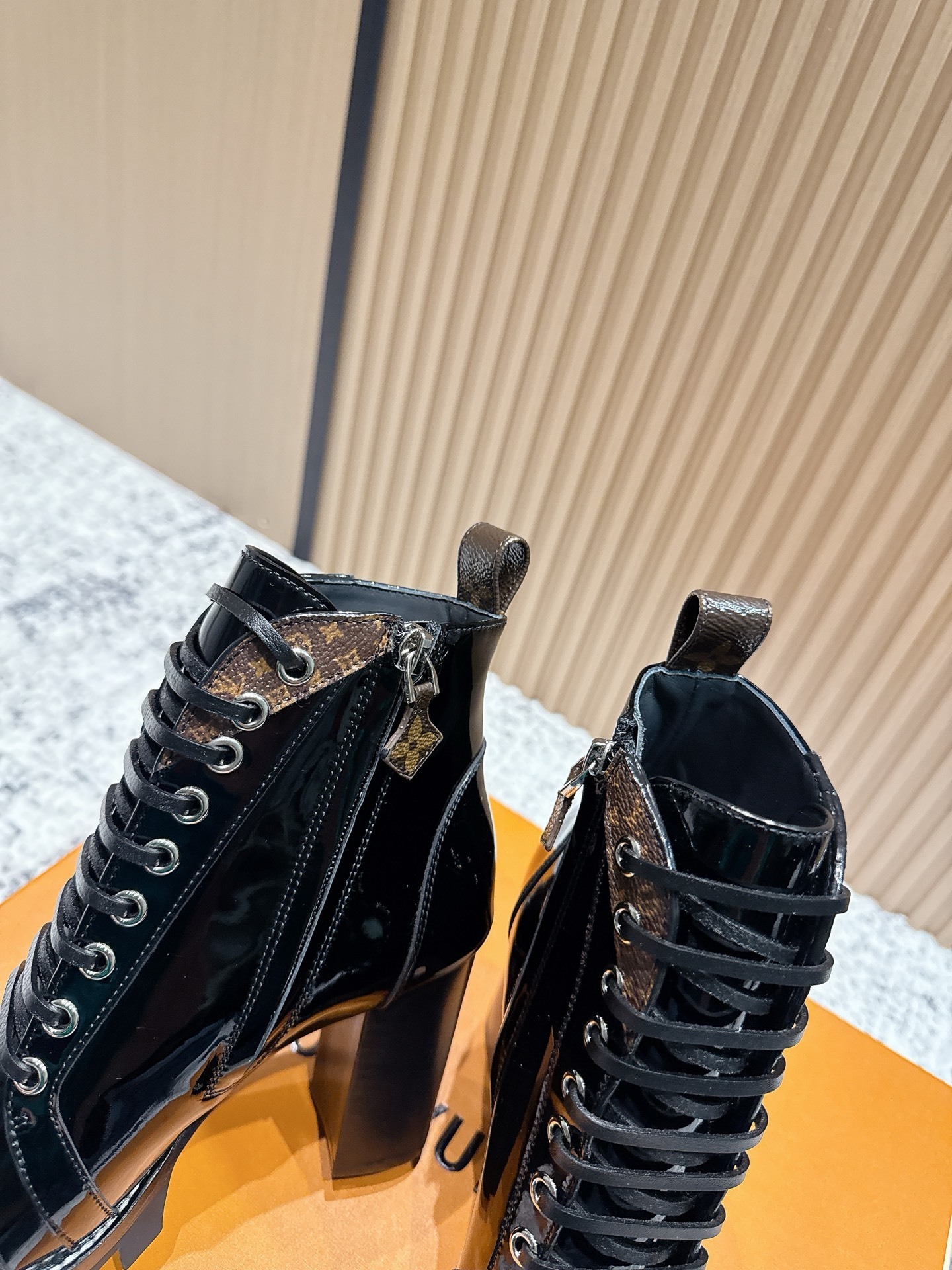 Luxury Black Patent Leather Lace-Up Ankle Boots with Monogram Trim