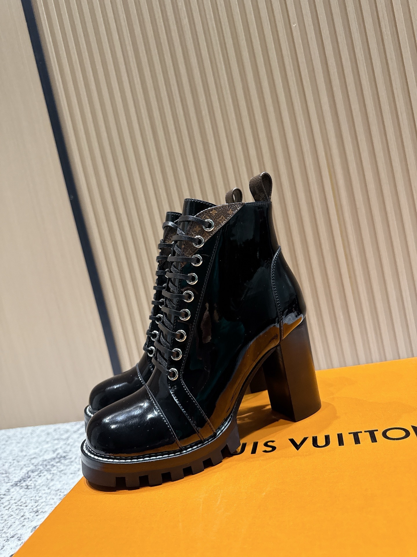 Luxury Black Patent Leather Lace-Up Ankle Boots with Monogram Trim