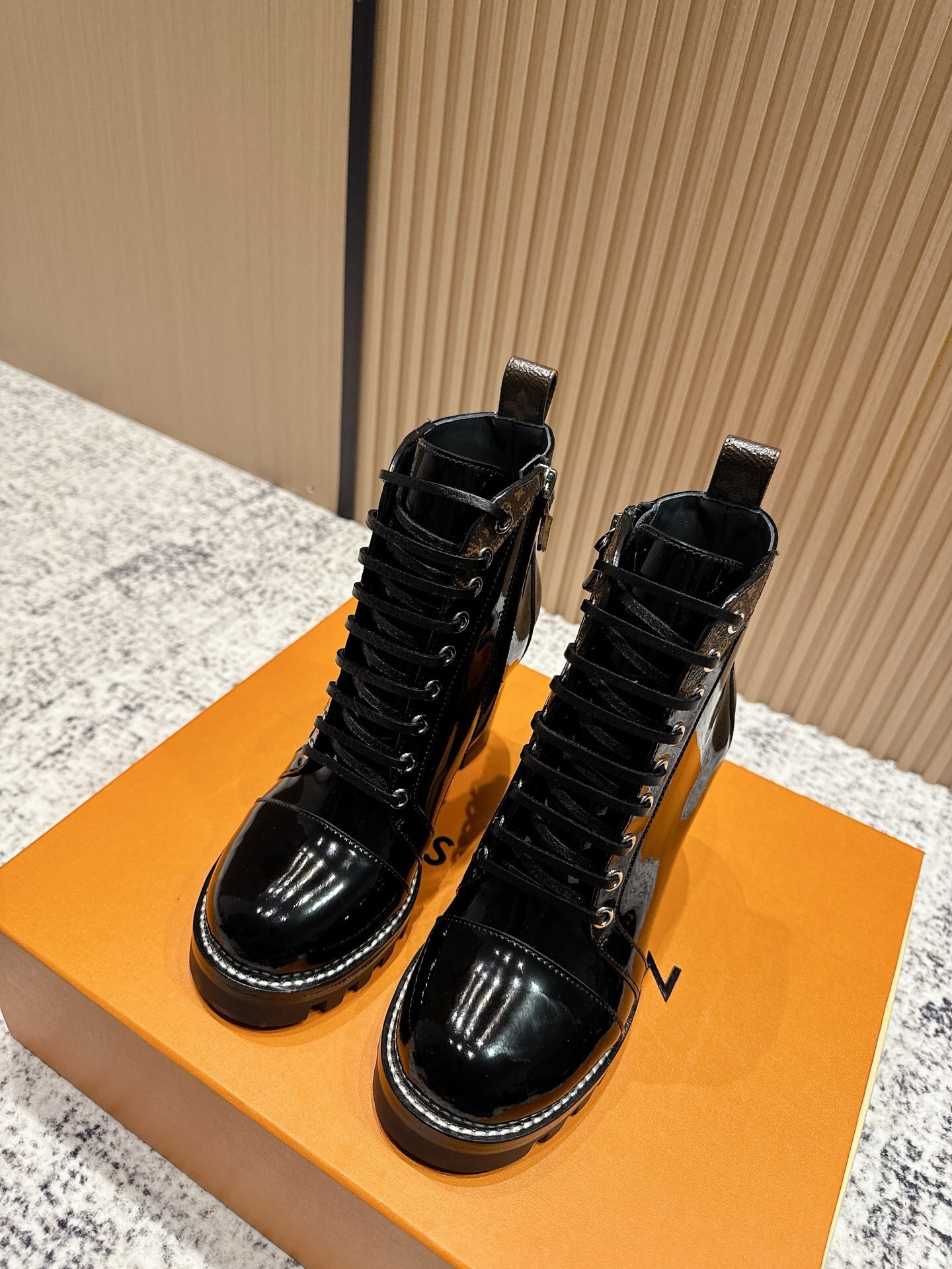 Luxury Black Patent Leather Lace-Up Ankle Boots with Monogram Trim