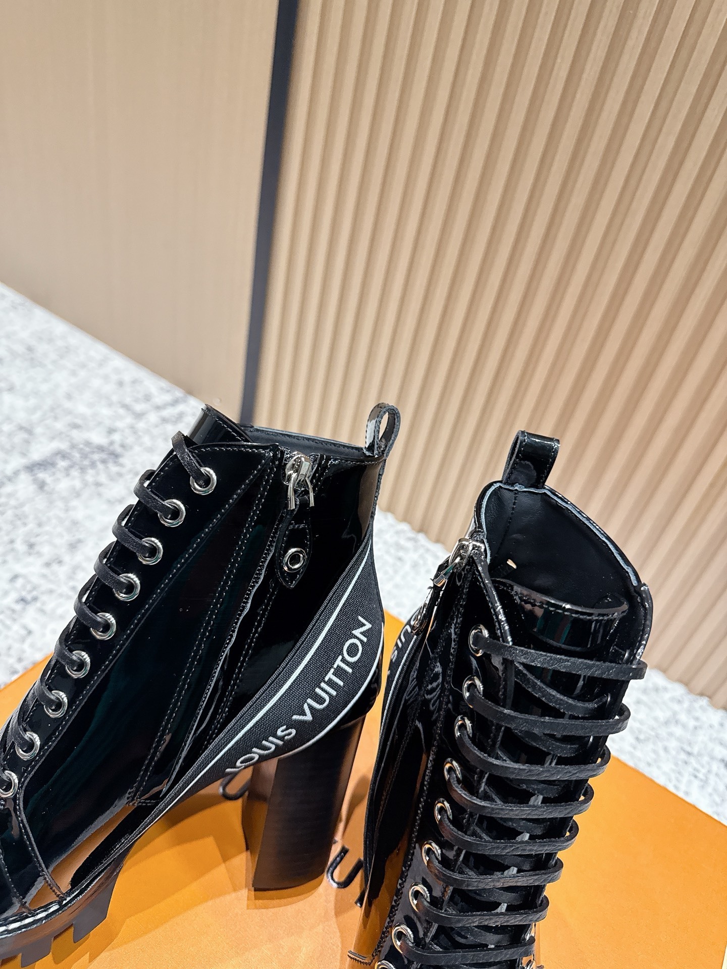 Luxury Black Patent Leather Lace-Up Ankle Boots with Chunky Heel