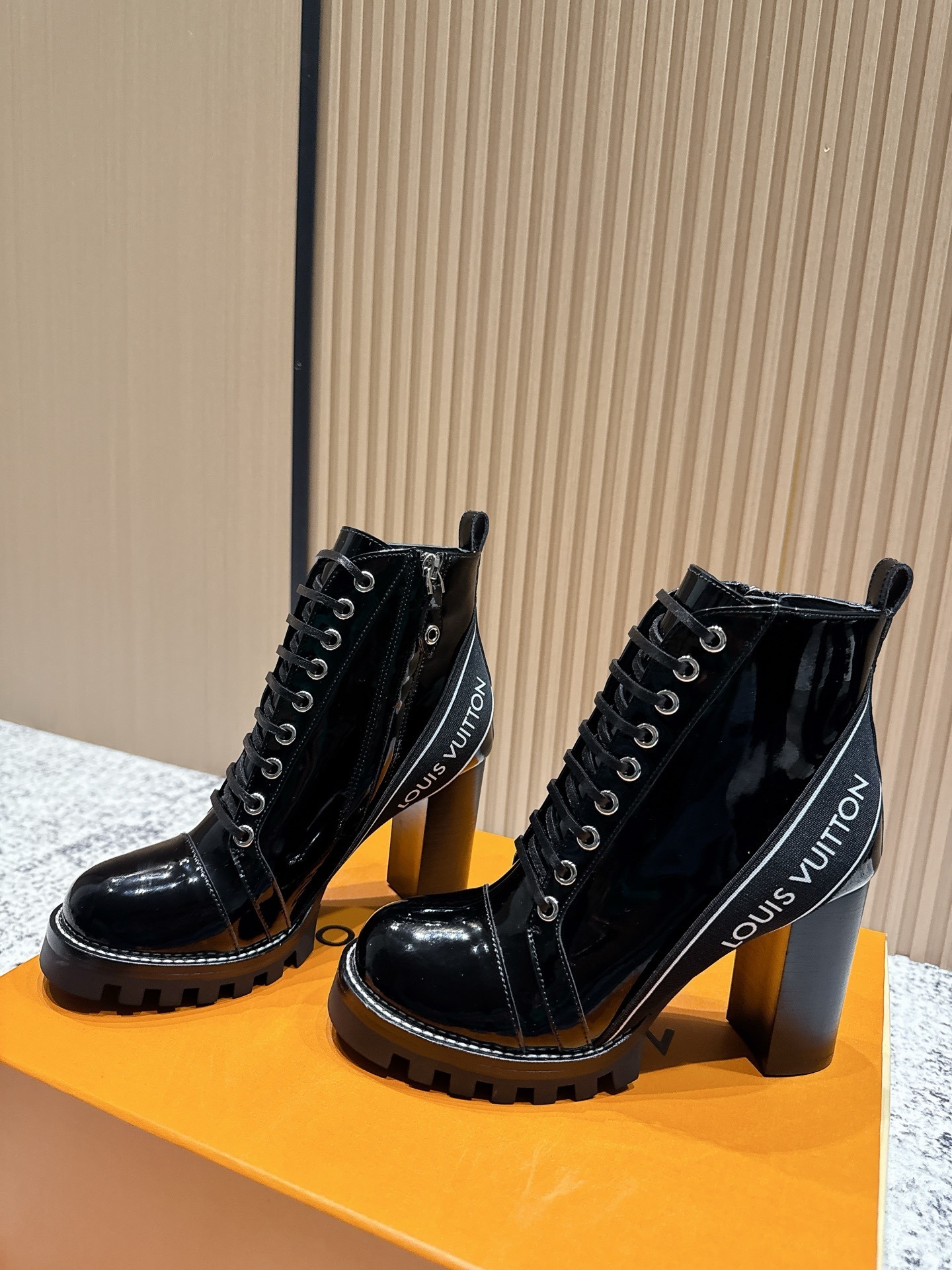 Luxury Black Patent Leather Lace-Up Ankle Boots with Chunky Heel