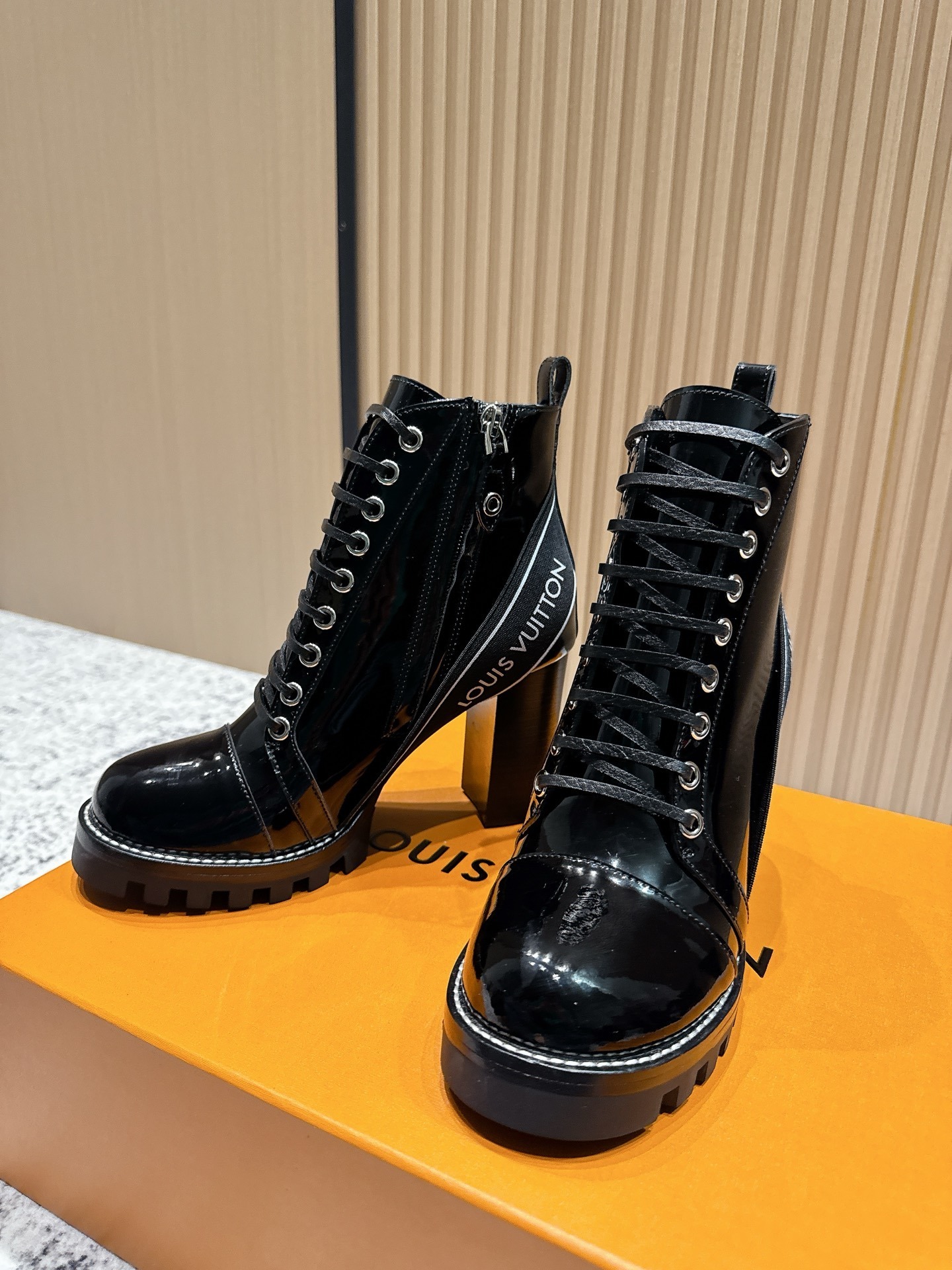Luxury Black Patent Leather Lace-Up Ankle Boots with Chunky Heel