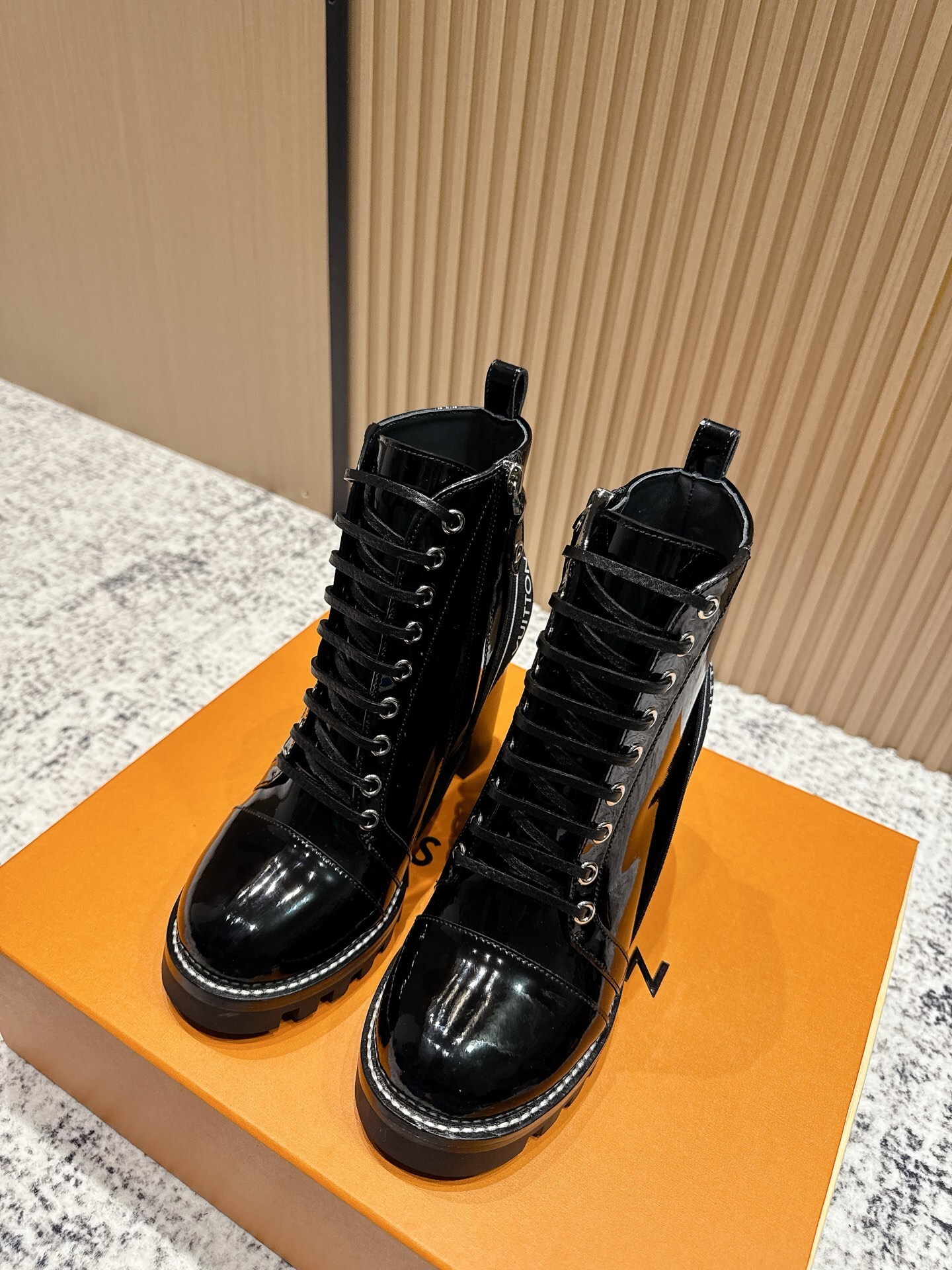 Luxury Black Patent Leather Lace-Up Ankle Boots with Chunky Heel
