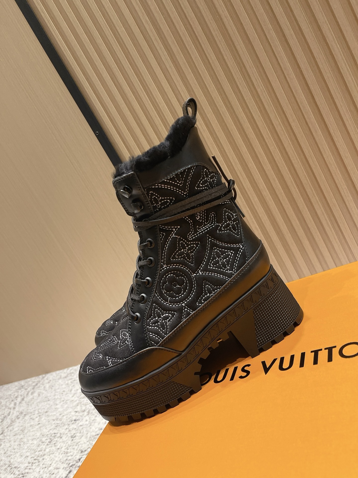 Louis Vuitton Black Monogram Fur-Lined Winter Ranger Ankle Boots