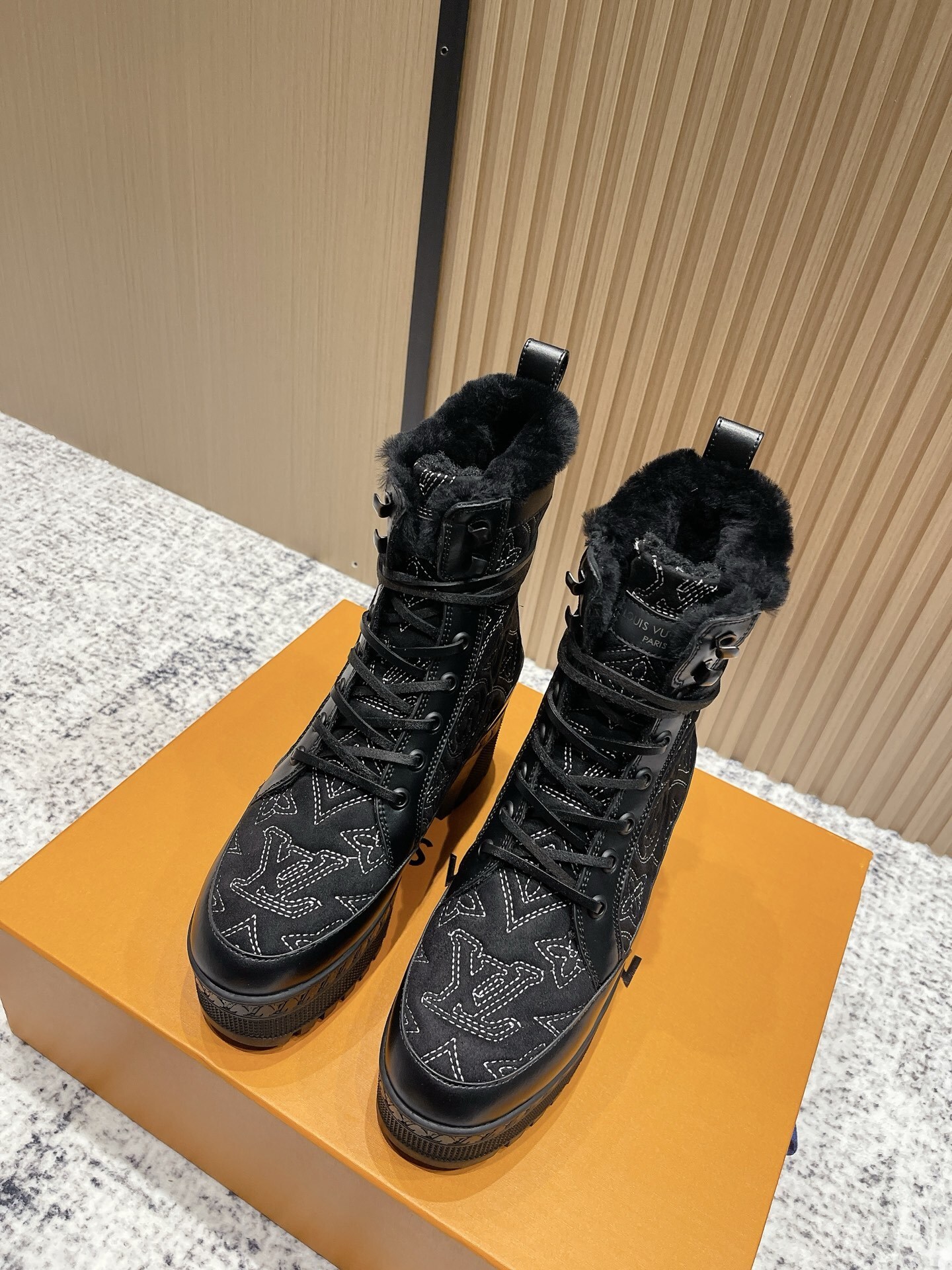 Louis Vuitton Black Monogram Fur-Lined Winter Ranger Ankle Boots