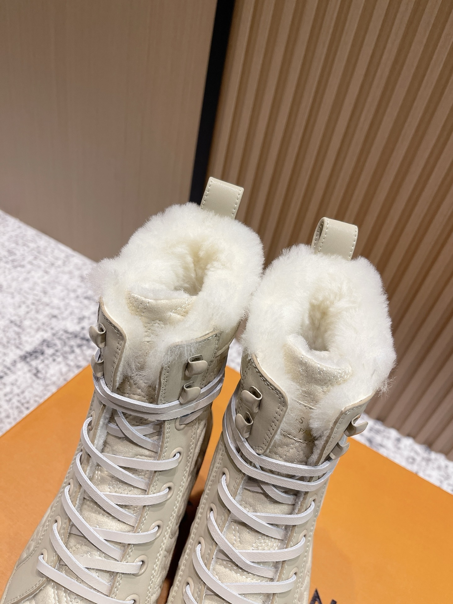 Luxury Quilted Fur-Lined Winter Boots - Beige Designer Lace-Up Boots
