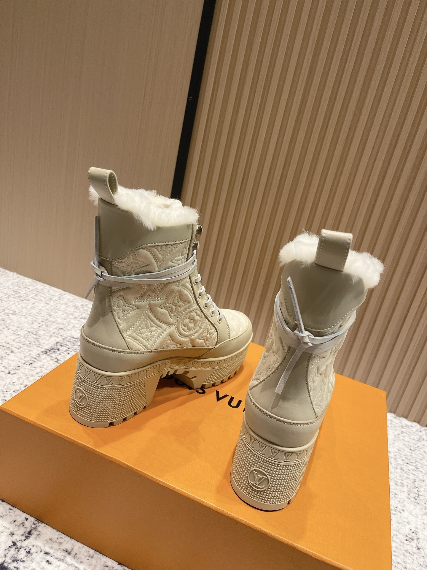 Luxury Quilted Fur-Lined Winter Boots - Beige Designer Lace-Up Boots