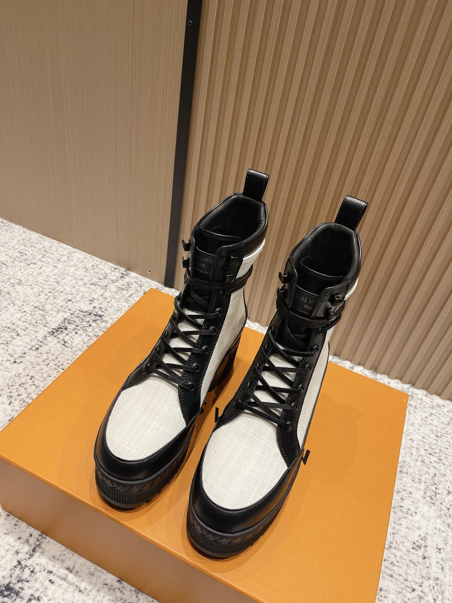 Louis Vuitton Metropolis Ranger Boots Black & White Leather Canvas