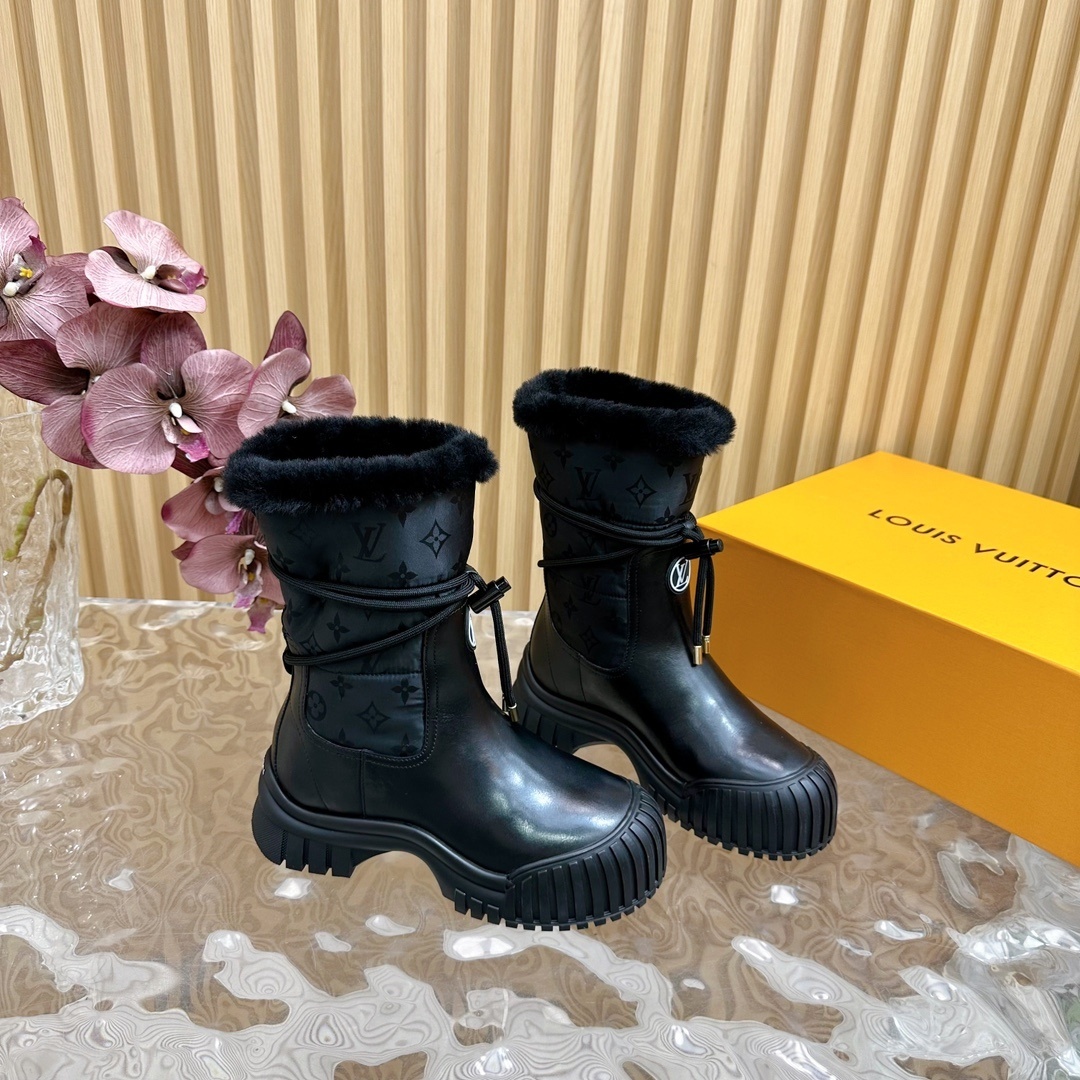 Louis Vuitton Monogram Black Fur Snow Boots - Luxury Winter Footwear