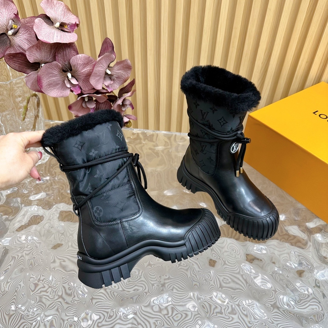 Louis Vuitton Monogram Black Fur Snow Boots - Luxury Winter Footwear