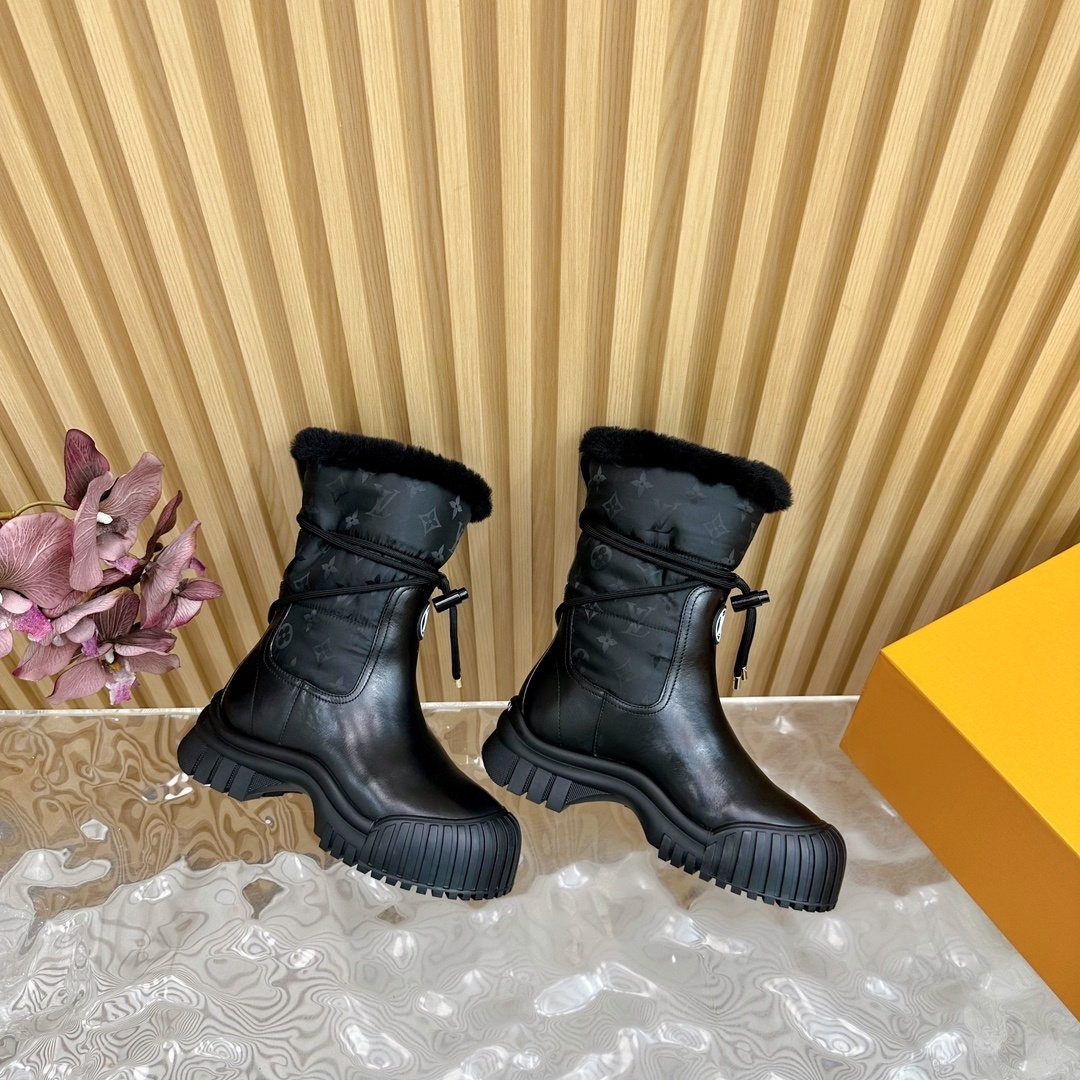 Louis Vuitton Monogram Black Fur Snow Boots - Luxury Winter Footwear