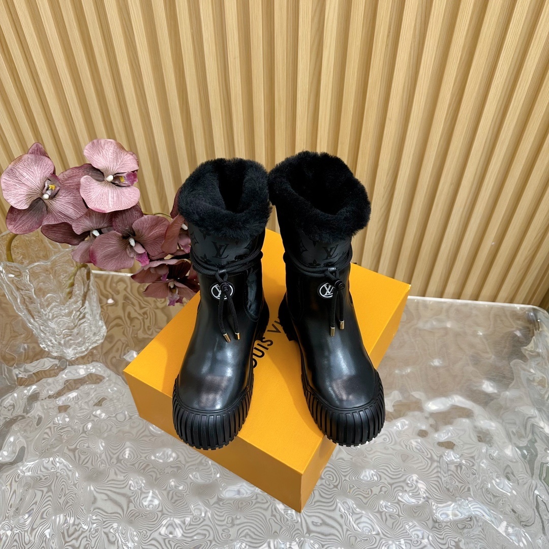 Louis Vuitton Monogram Black Fur Snow Boots - Luxury Winter Footwear