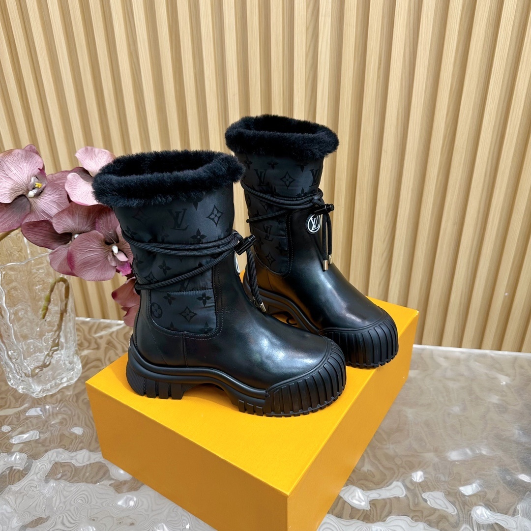 Louis Vuitton Monogram Black Fur Snow Boots - Luxury Winter Footwear