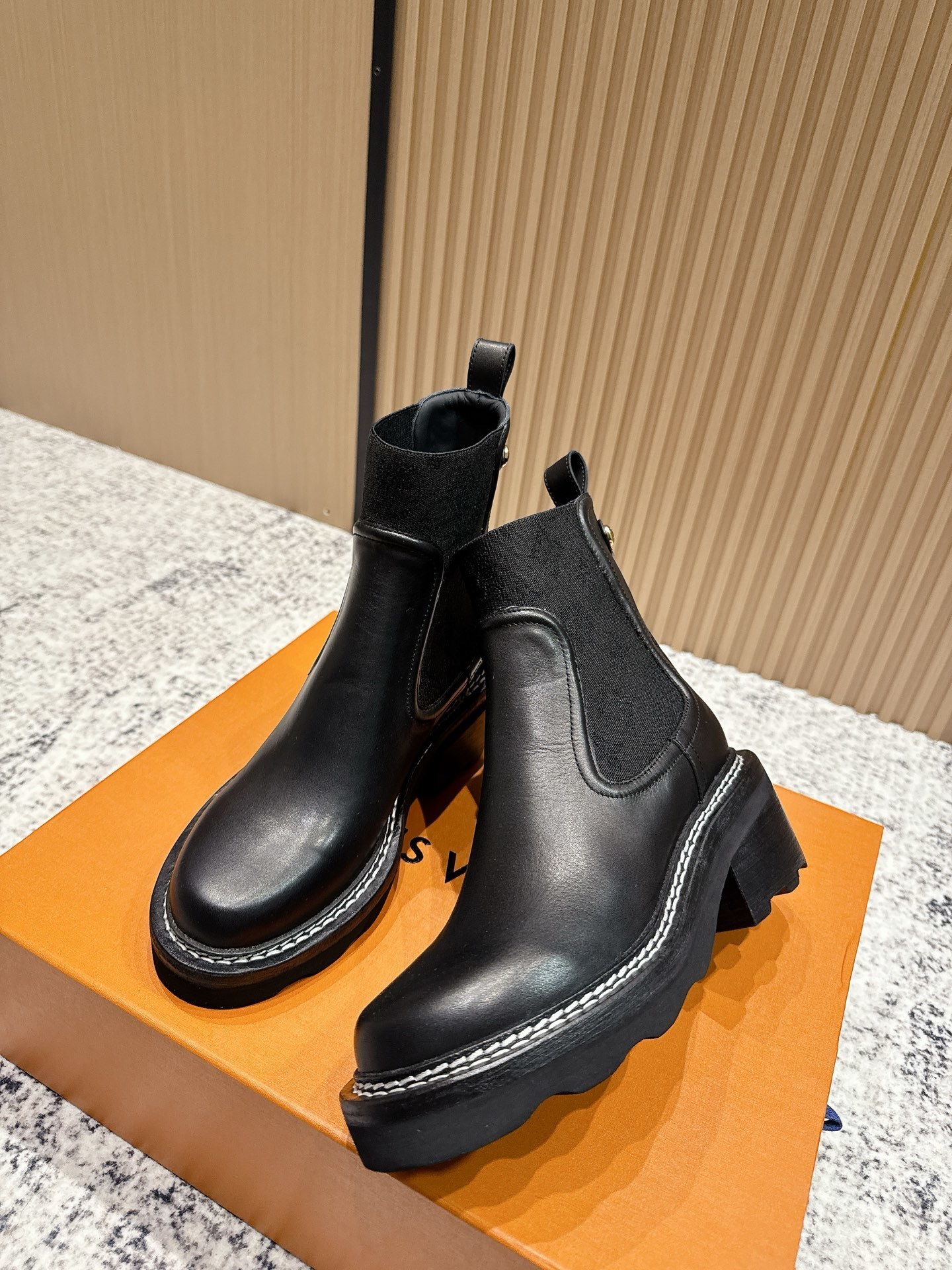 Women's Black Leather Ankle Boots with Contrast Stitching