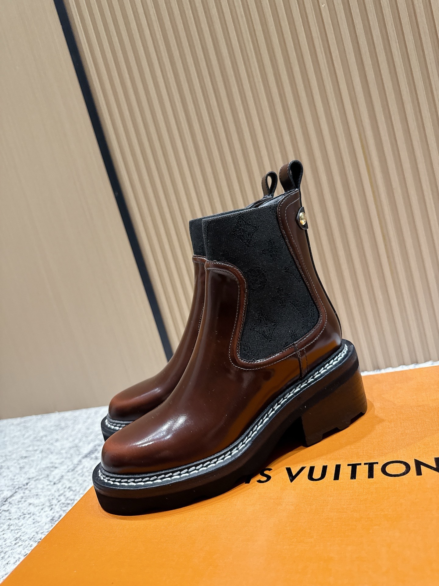 Women's Designer Brown Glossy Leather Chelsea Ankle Boots