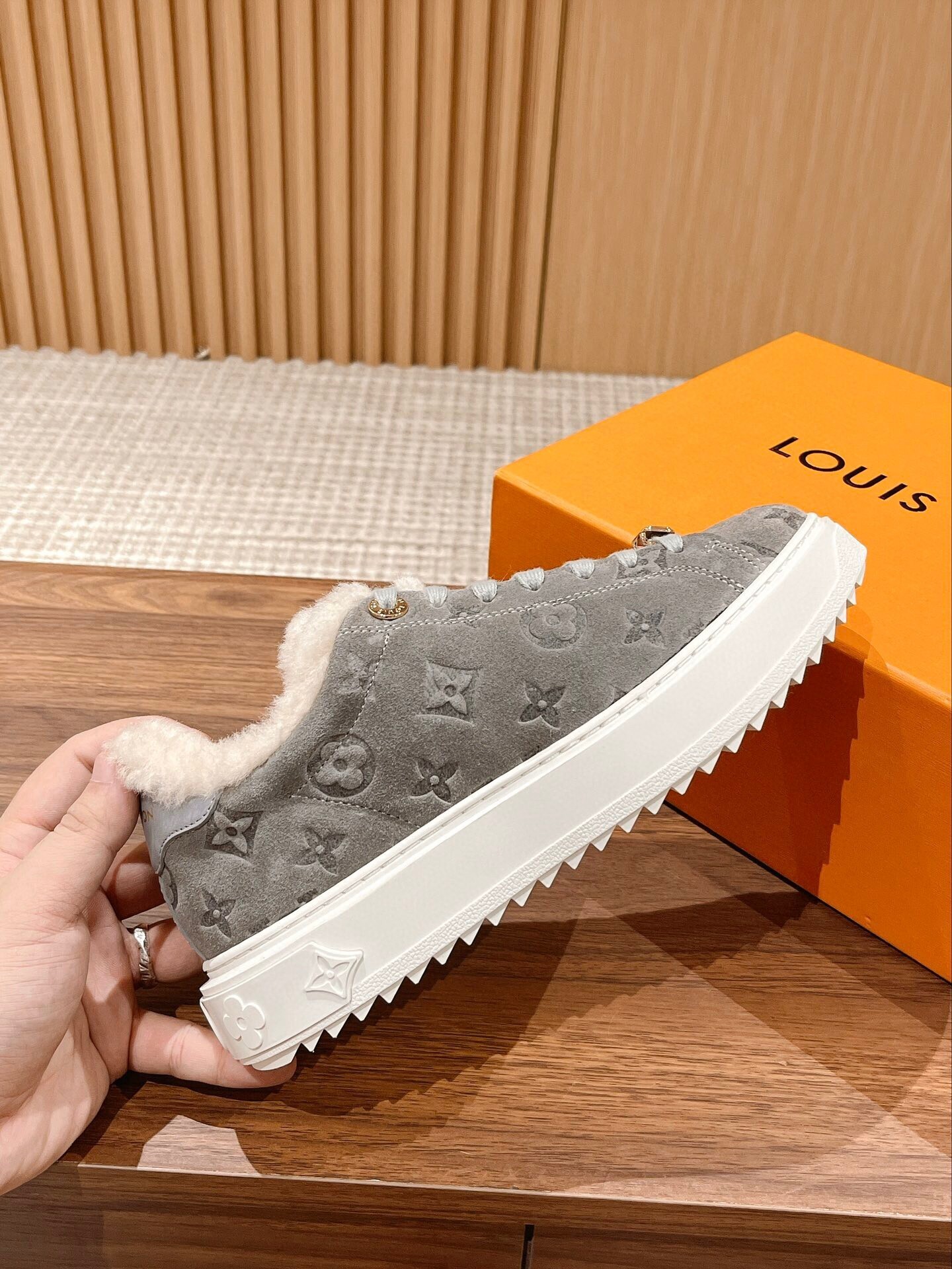 Louis Vuitton Monogram Grey Suede Fur-Lined Sneakers