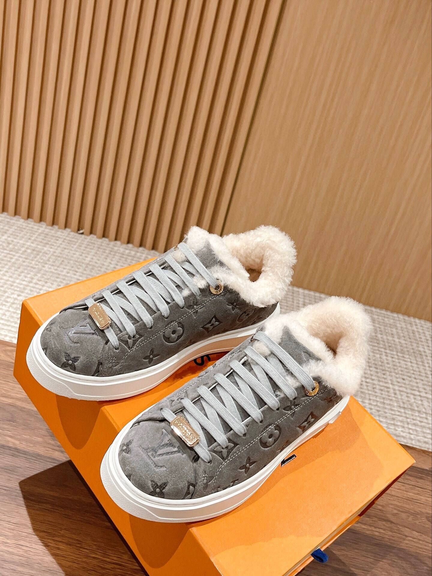 Louis Vuitton Monogram Grey Suede Fur-Lined Sneakers