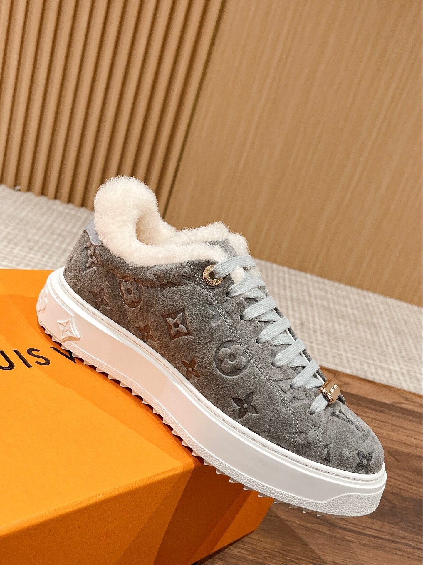 Louis Vuitton Monogram Grey Suede Fur-Lined Sneakers