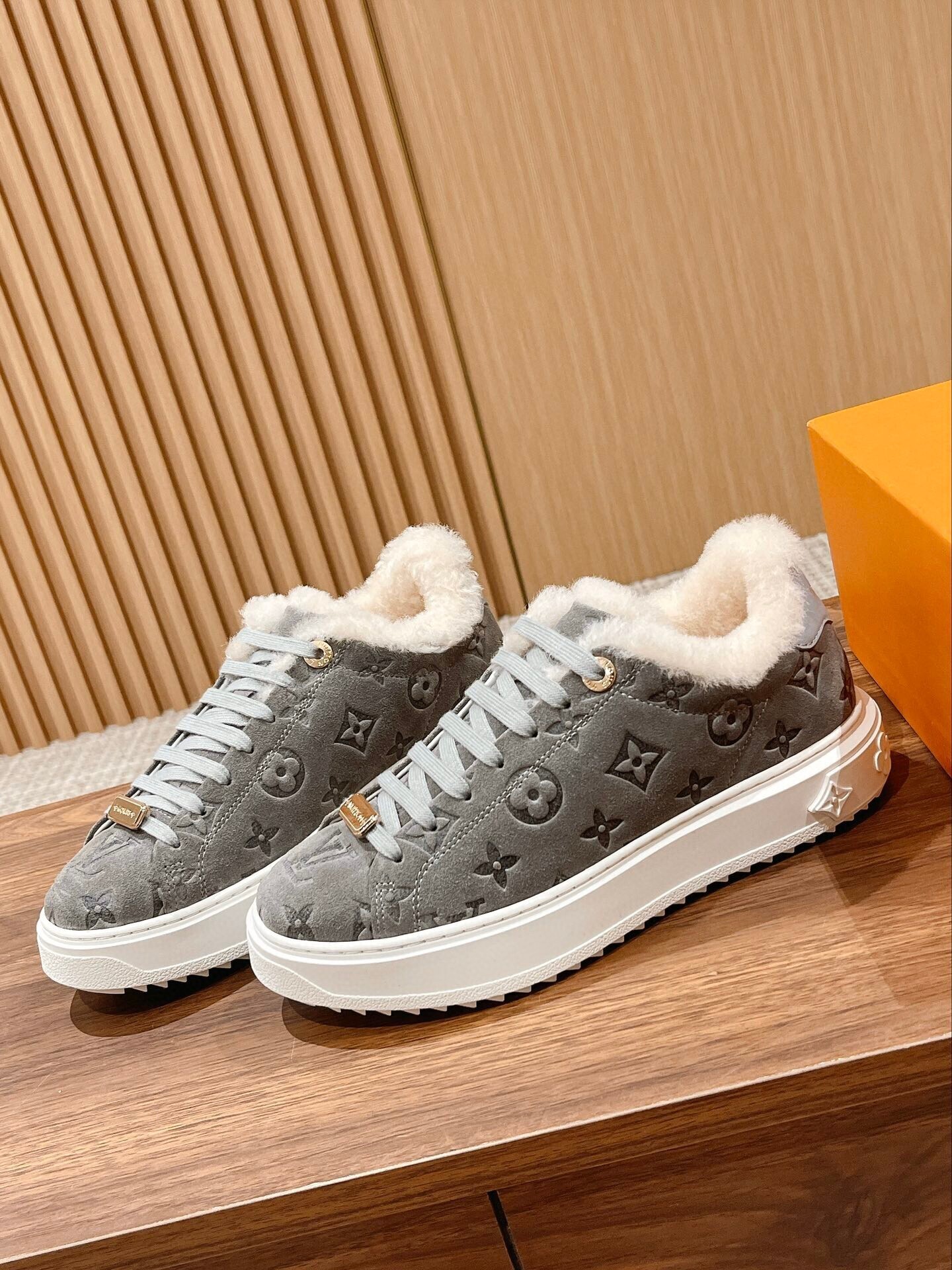 Louis Vuitton Monogram Grey Suede Fur-Lined Sneakers