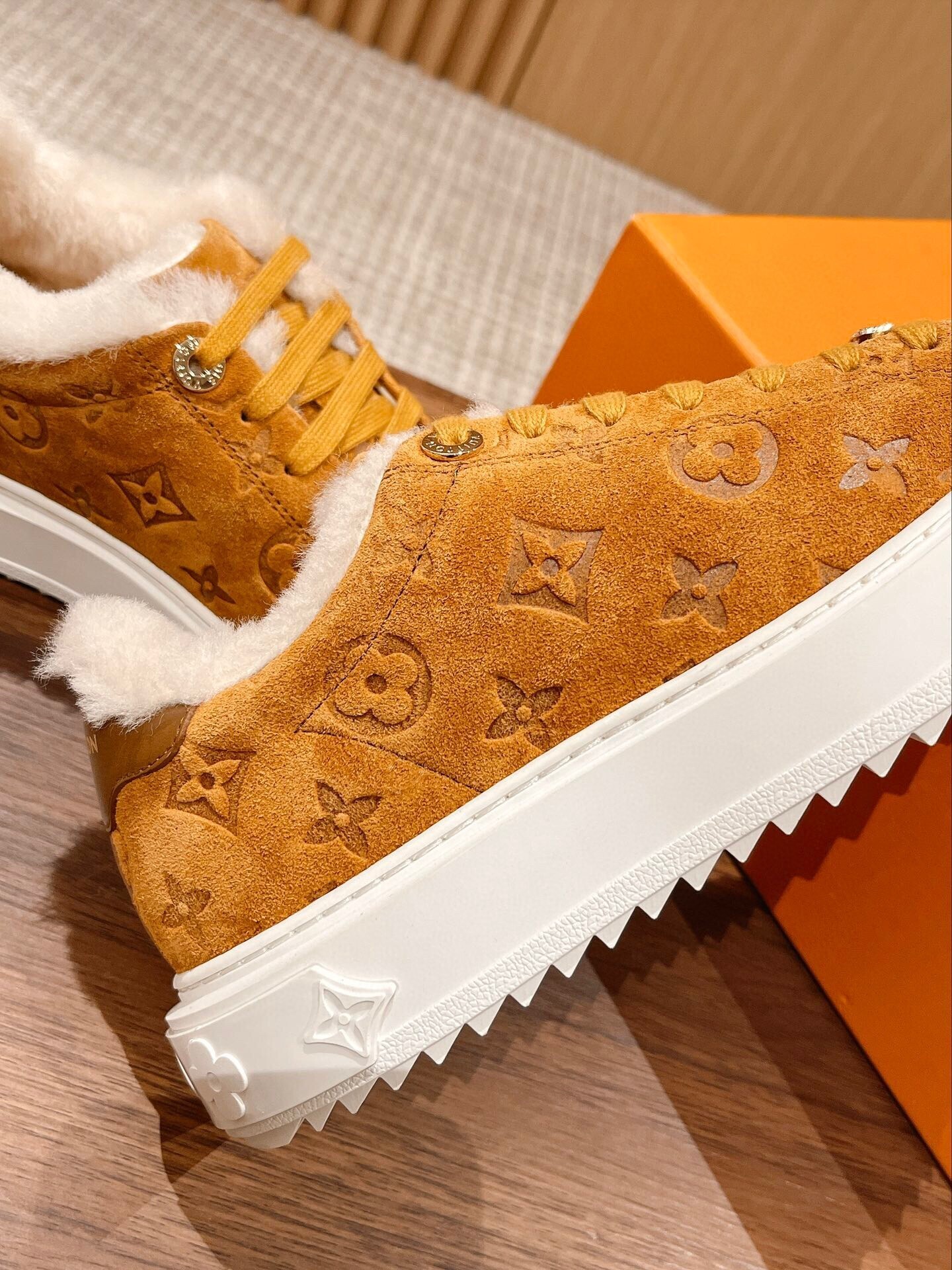 Louis Vuitton Monogram Suede Shearling-Lined Sneakers - Tan
