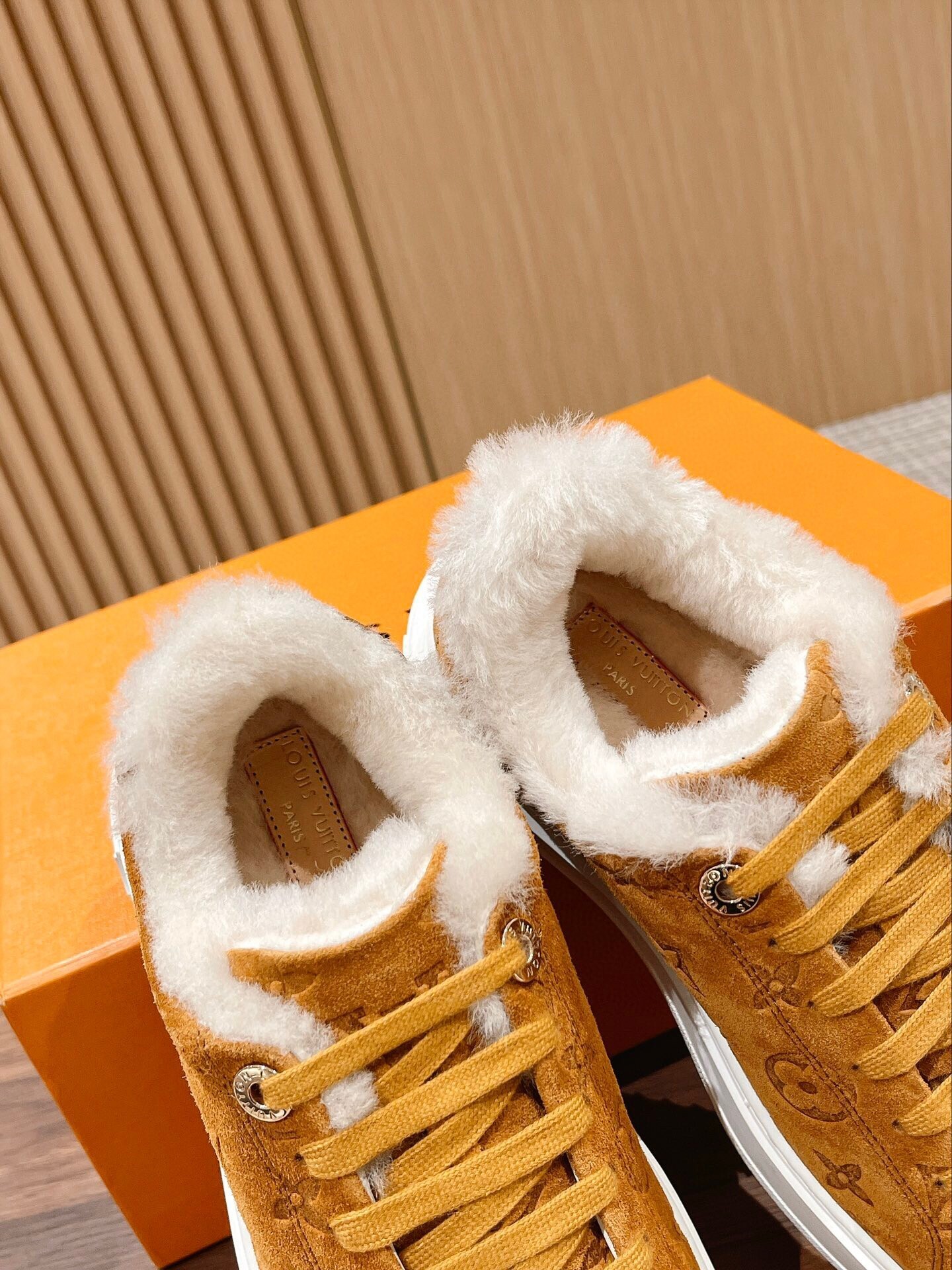 Louis Vuitton Monogram Suede Shearling-Lined Sneakers - Tan