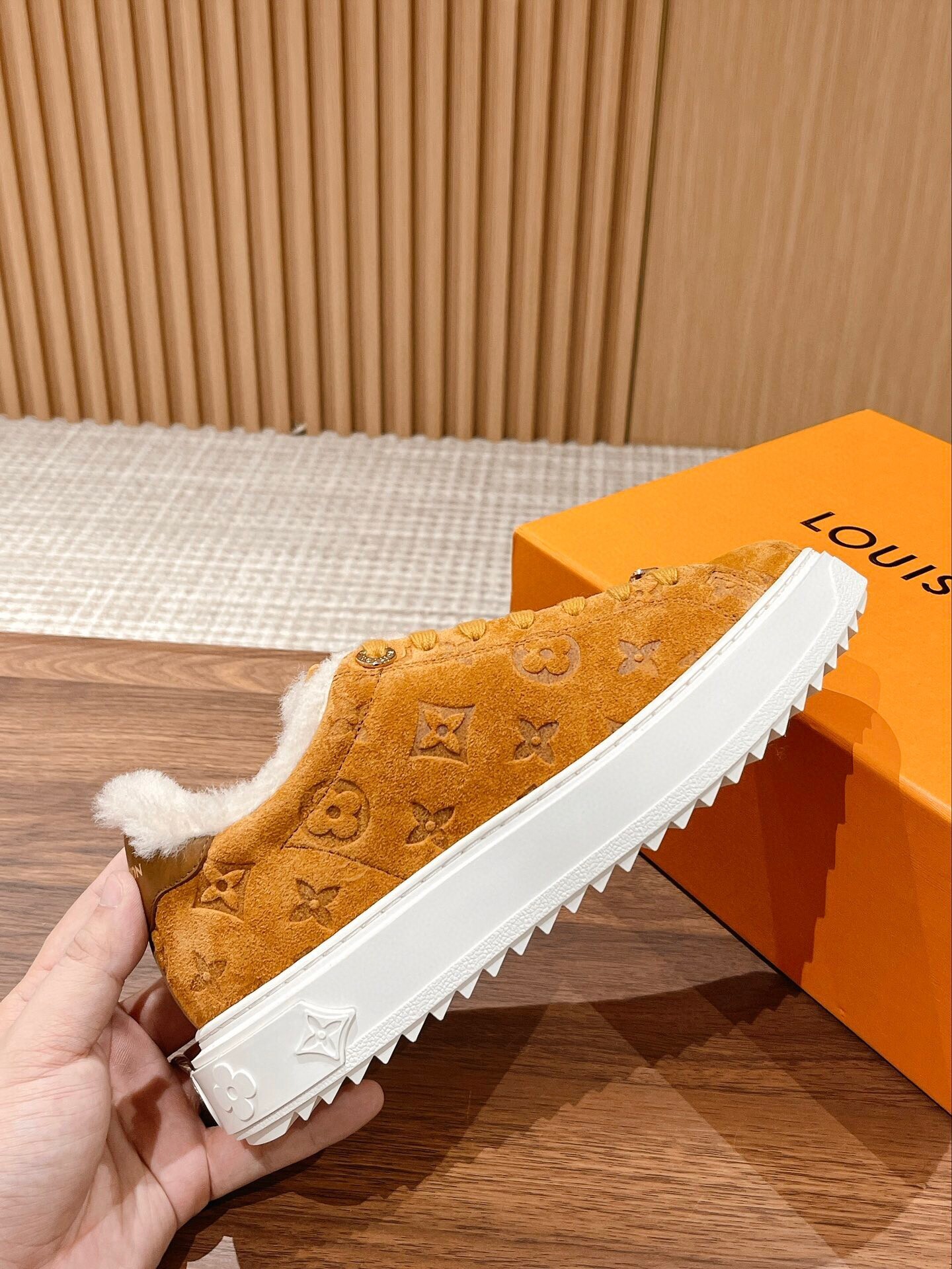 Louis Vuitton Monogram Suede Shearling-Lined Sneakers - Tan