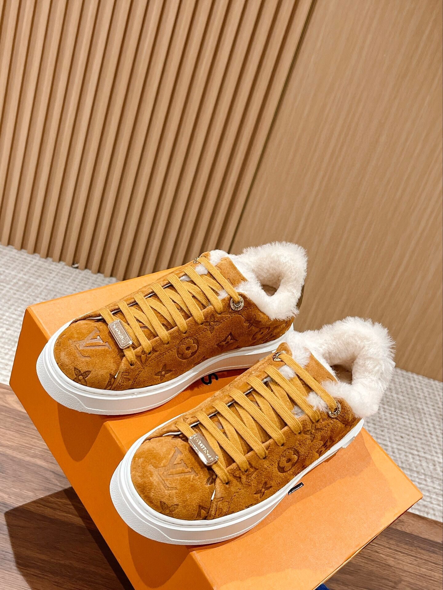 Louis Vuitton Monogram Suede Shearling-Lined Sneakers - Tan