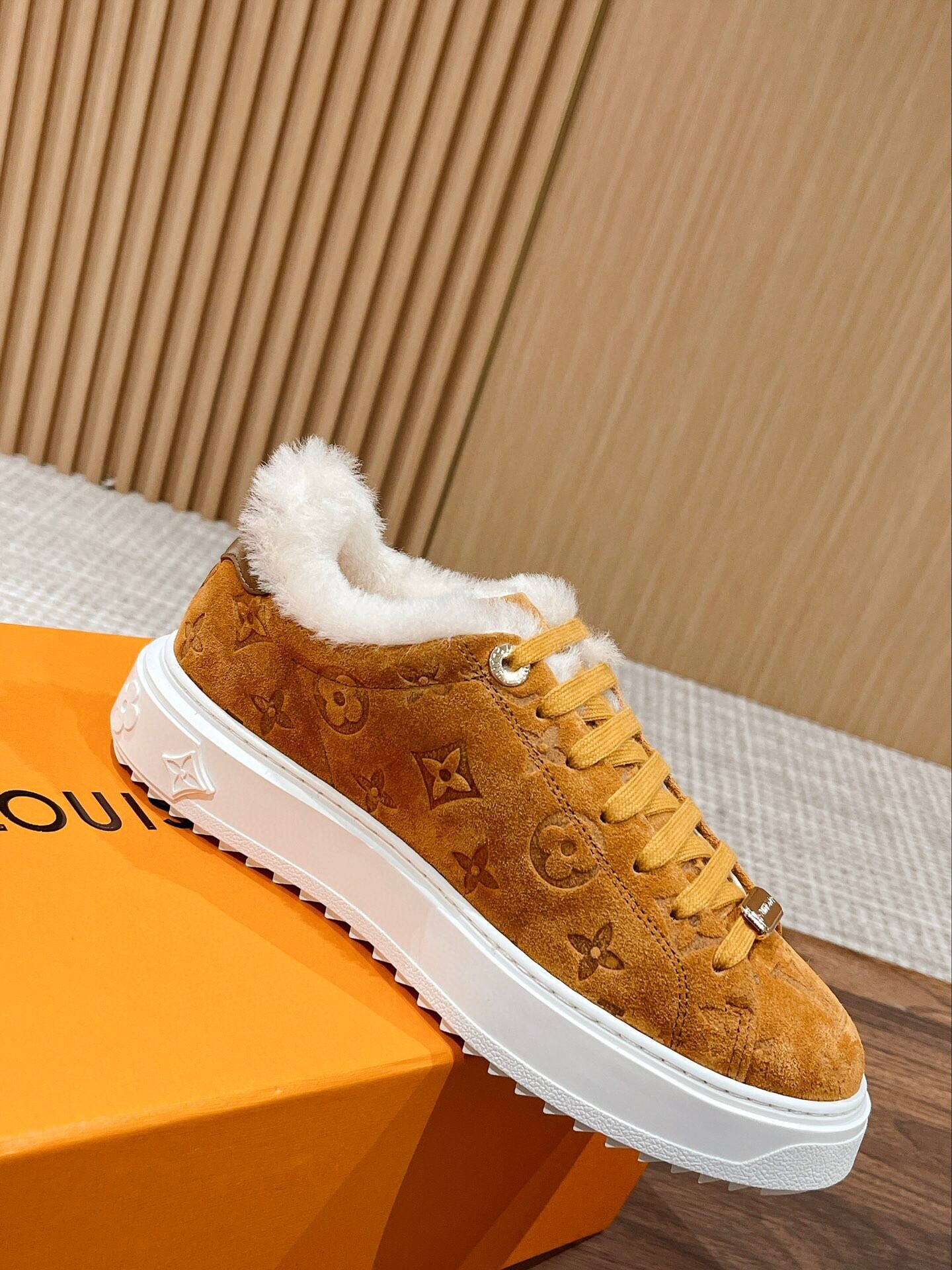 Louis Vuitton Monogram Suede Shearling-Lined Sneakers - Tan