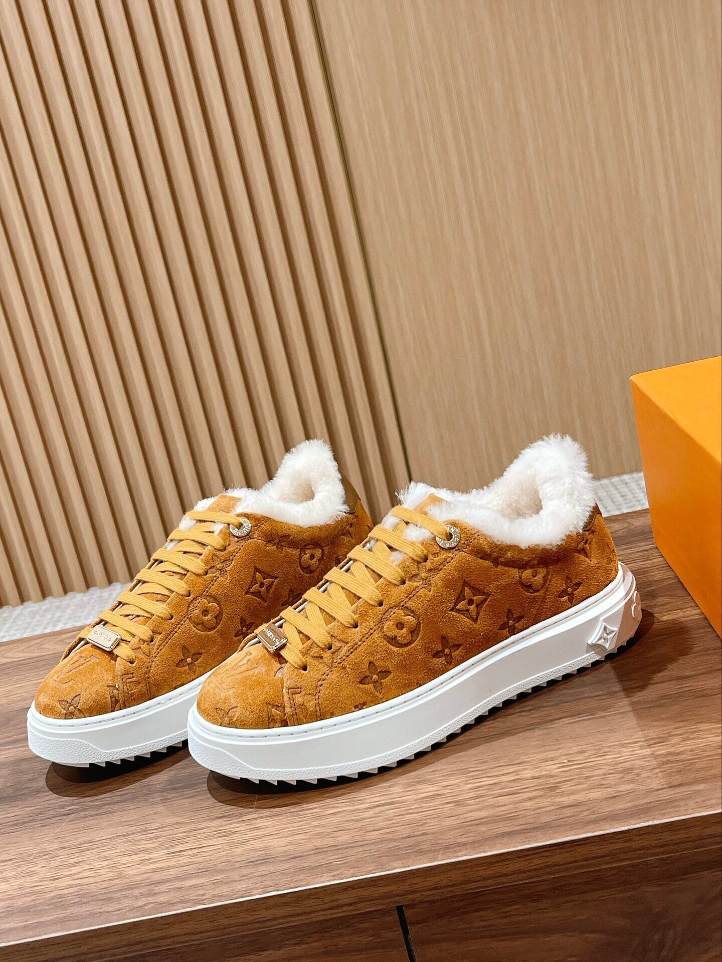Louis Vuitton Monogram Suede Shearling-Lined Sneakers - Tan