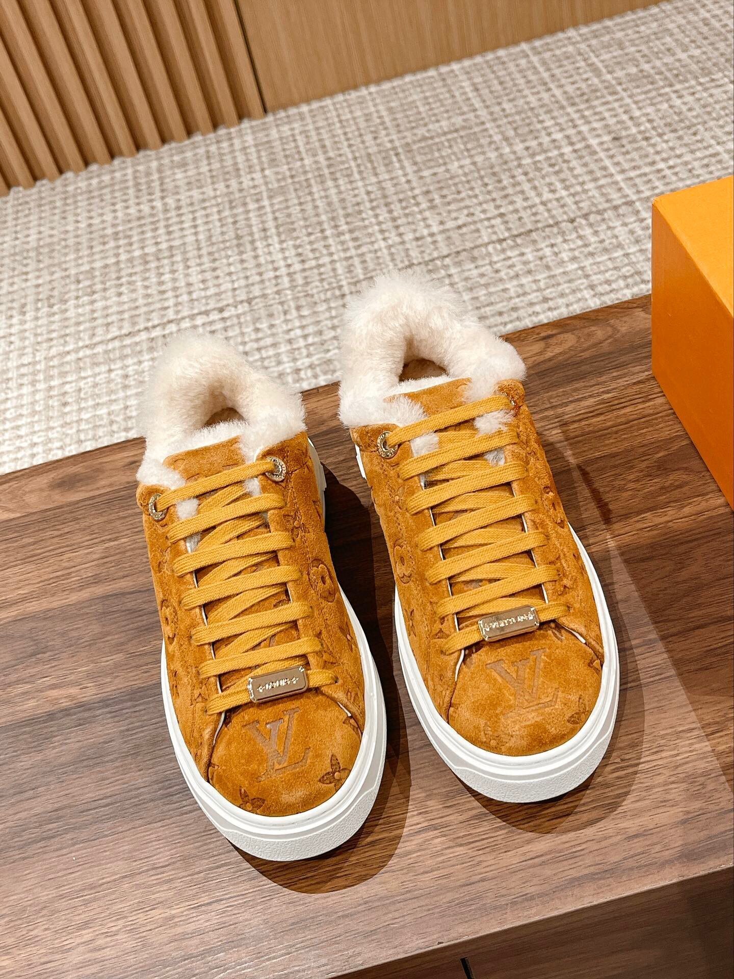 Louis Vuitton Monogram Suede Shearling-Lined Sneakers – Tan