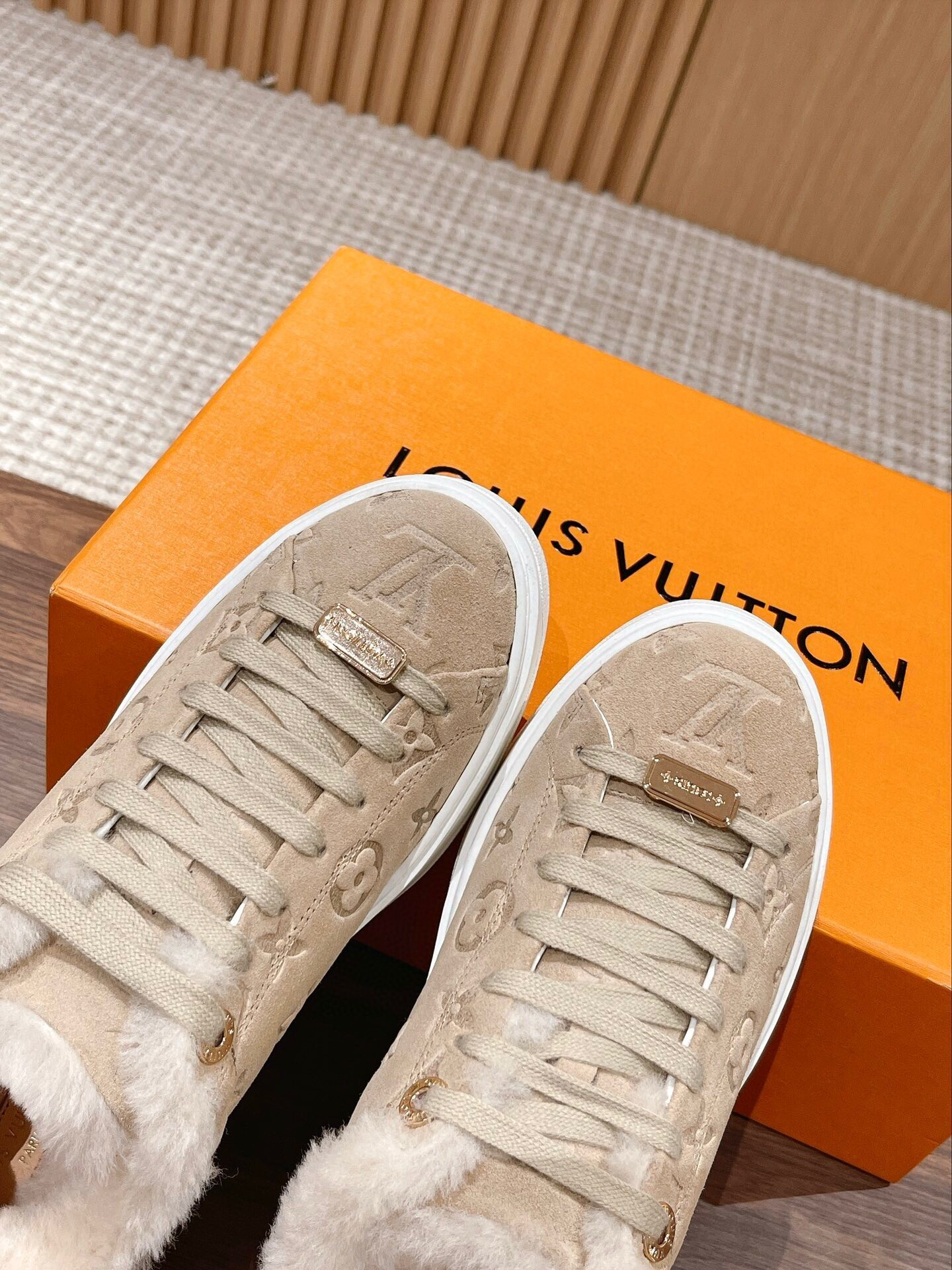 LV Monogram Suede Shearling Sneakers - Beige Luxury Winter Shoes