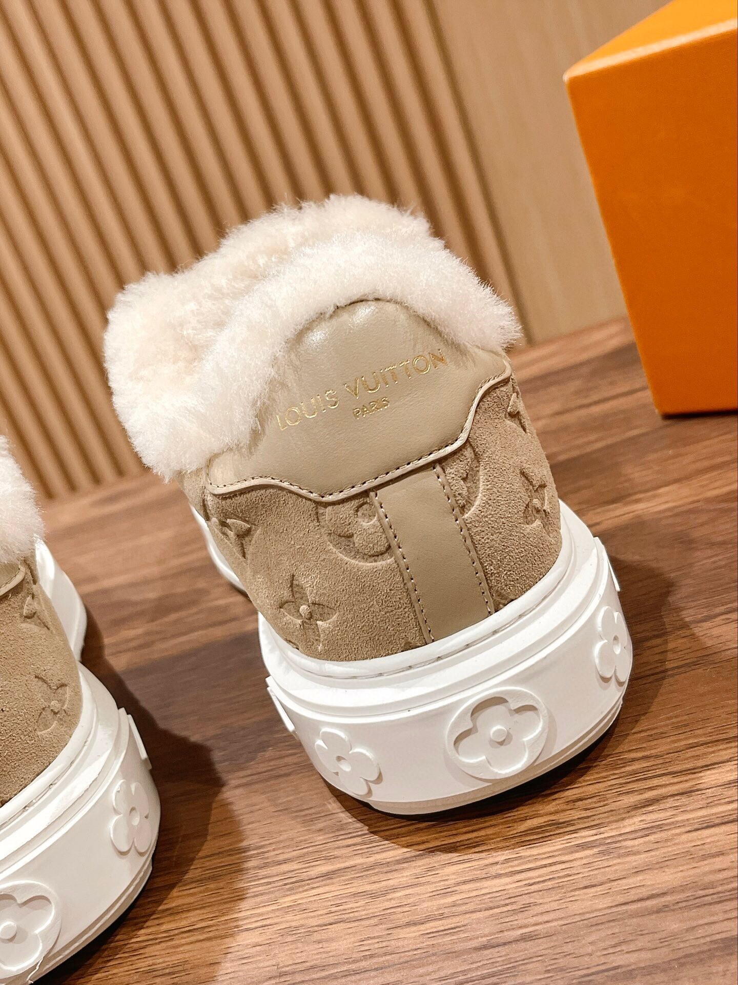 LV Monogram Suede Shearling Sneakers - Beige Luxury Winter Shoes